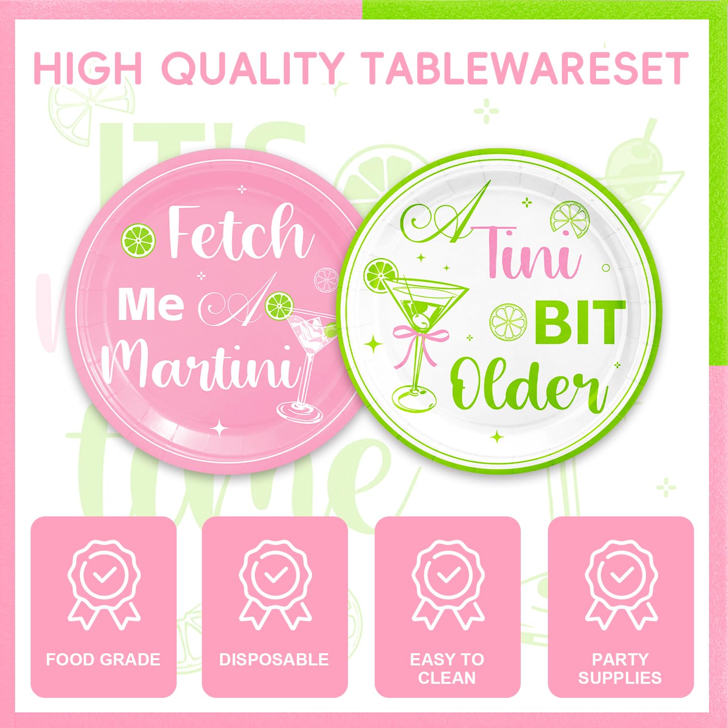 48PCS Pink and Green Martini Birthday Party Supplies - Disposable Plates, Napkins, Forks for 16 Guests - A Tini Bit Older Theme Decorations - Perfect for Cocktail Parties, Bachelorette Celebrations & 21st Birthday Events