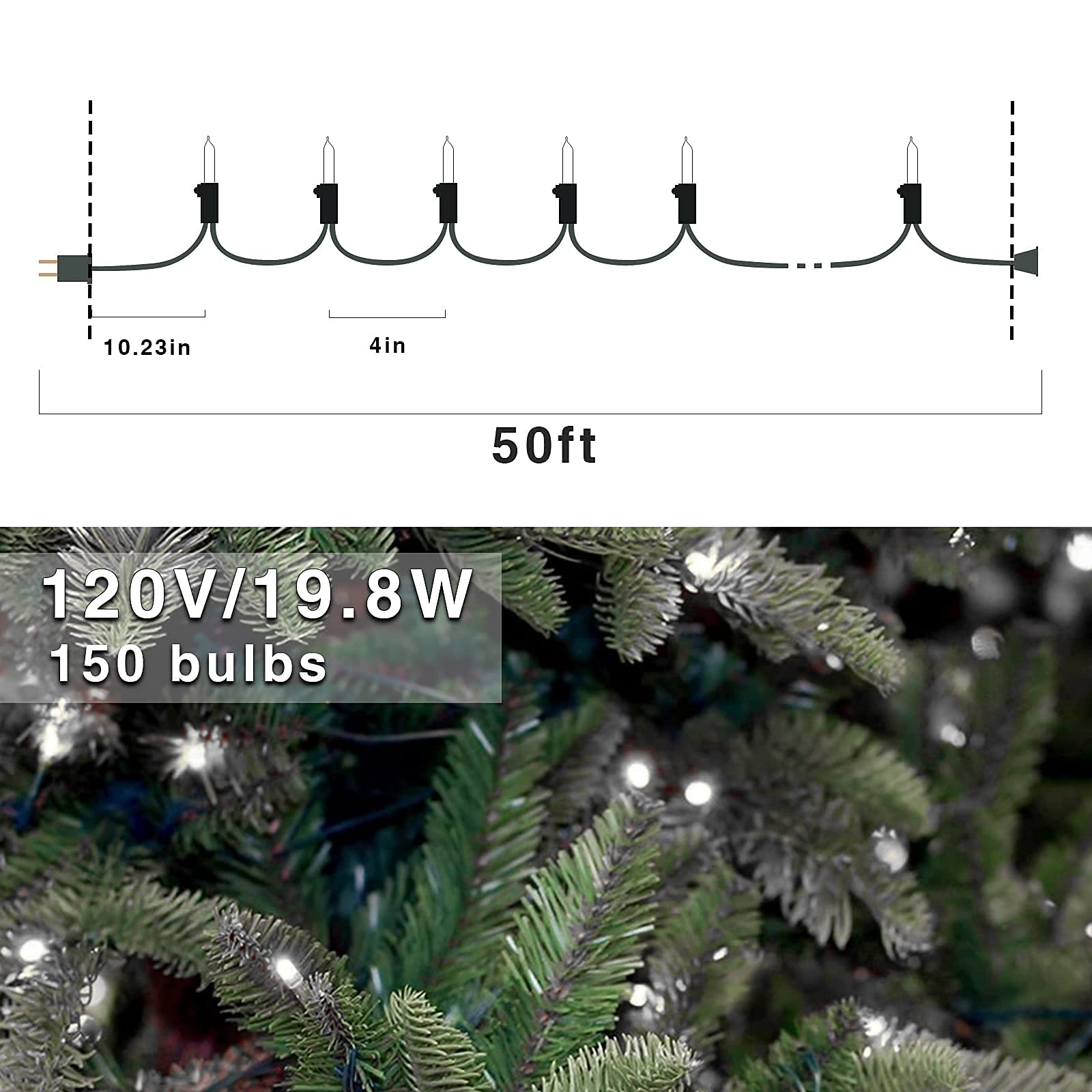 150 LED Cool White Christmas String Lights - 50 FT Green Wire, UL Certified Connectable - Perfect for Indoor & Outdoor Holiday Decorations, Christmas Trees, Party Lights, and Home Decoration