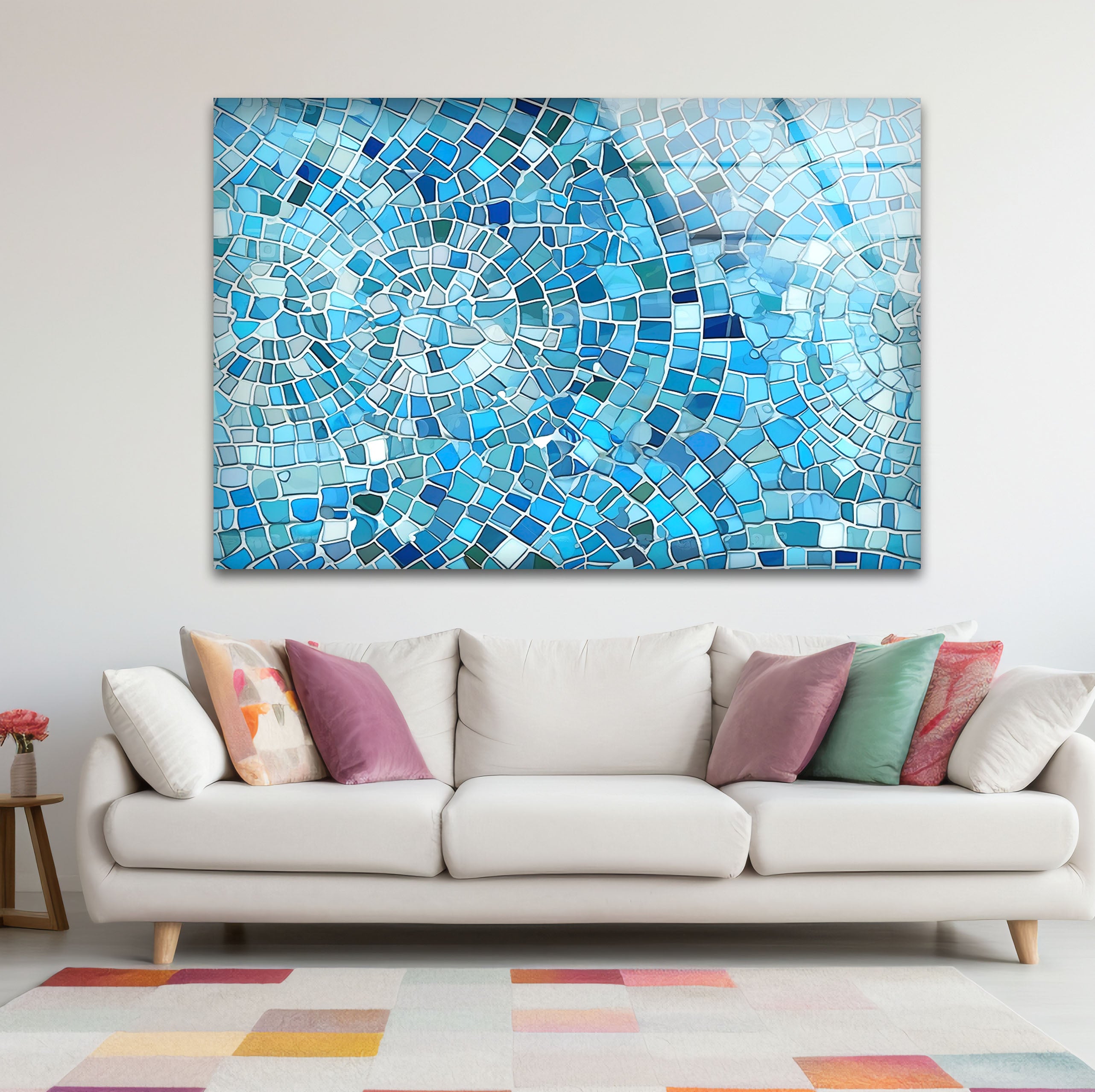 Aqua Blue Mosaic Glass Wall Art - Coastal Geometric Bathroom Decor for Spa, Beach House & Home - Perfect for Bathroom, Living Room, Bedroom Wall Decor