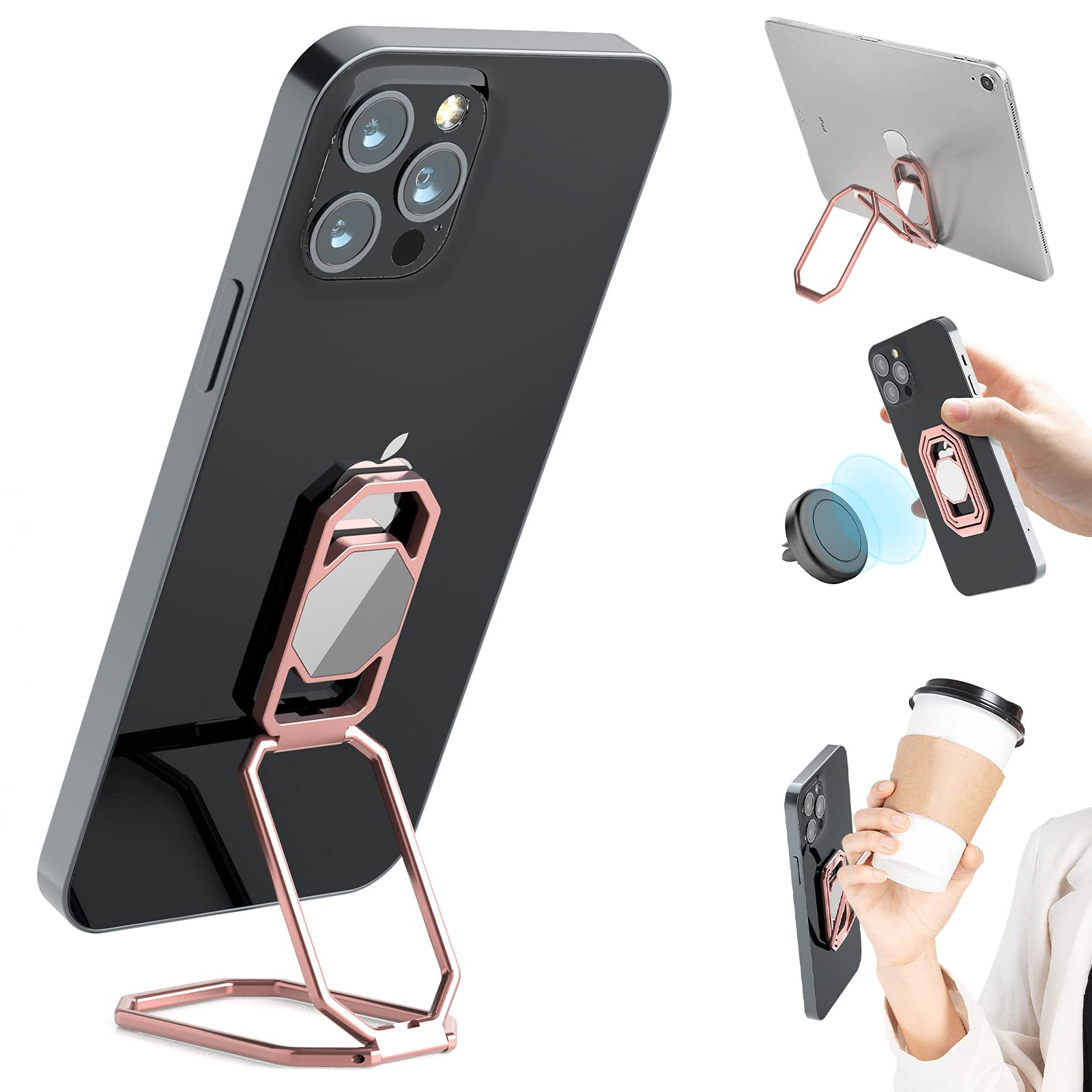 360° Rotating Metal Phone Ring Holder & Kickstand - Magnetic Car Mount, Foldable Phone Grip Stand for iPhone, Samsung, Pixel (Perfect for Driving, Video Calls & Hands-Free Viewing)