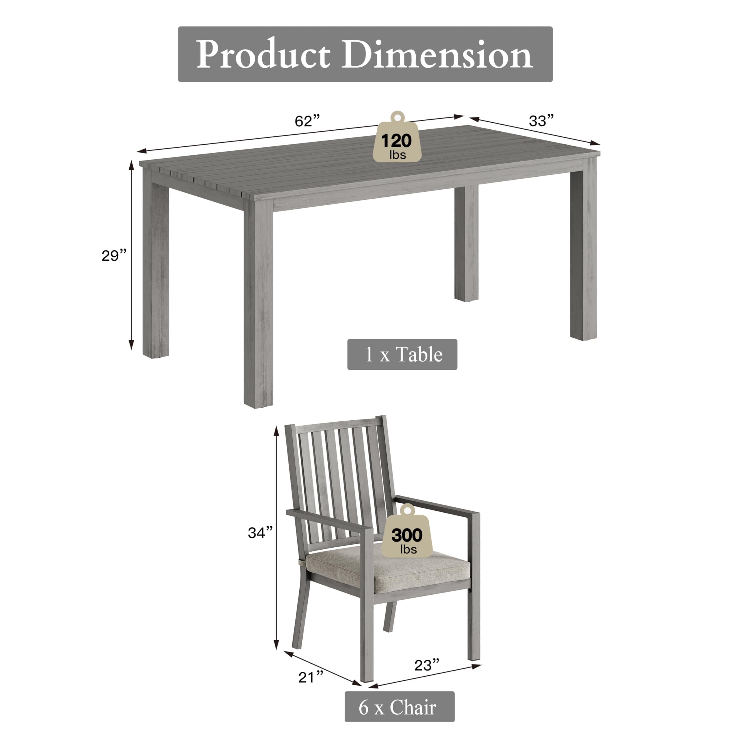 RoyalCraft 7-Piece Aluminum Outdoor Dining Set with Removable Cushions - Patio Table & 6 Chairs for Garden, Backyard, Lawn - Perfect for BBQs, Family Gatherings & Outdoor Entertaining (Gray)