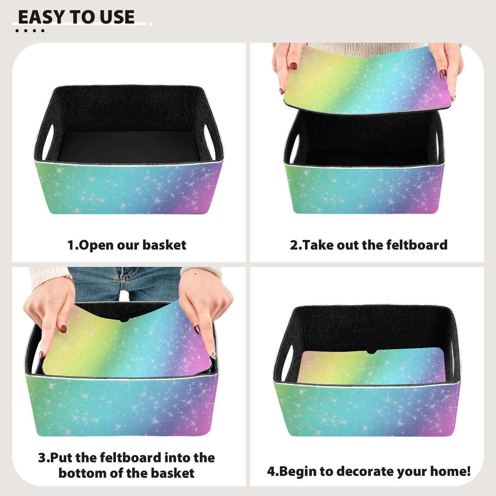 Rainbow Glitter Collapsible Storage Bins & Baskets, 2-Pack Foldable Felt Fabric Organizer Cubes for Nursery, Home, Shelves & Closet - Perfect for Kids' Room Organization & Decorative Storage Solutions