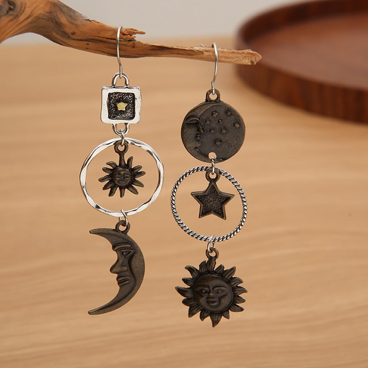 Opal Sun Moon Star Dangle Drop Earrings - Bohemian Retro Asymmetric Earrings with Greek Mythology Face Design for Women | Perfect for Festival, Boho Chic Outfits & Gift Giving