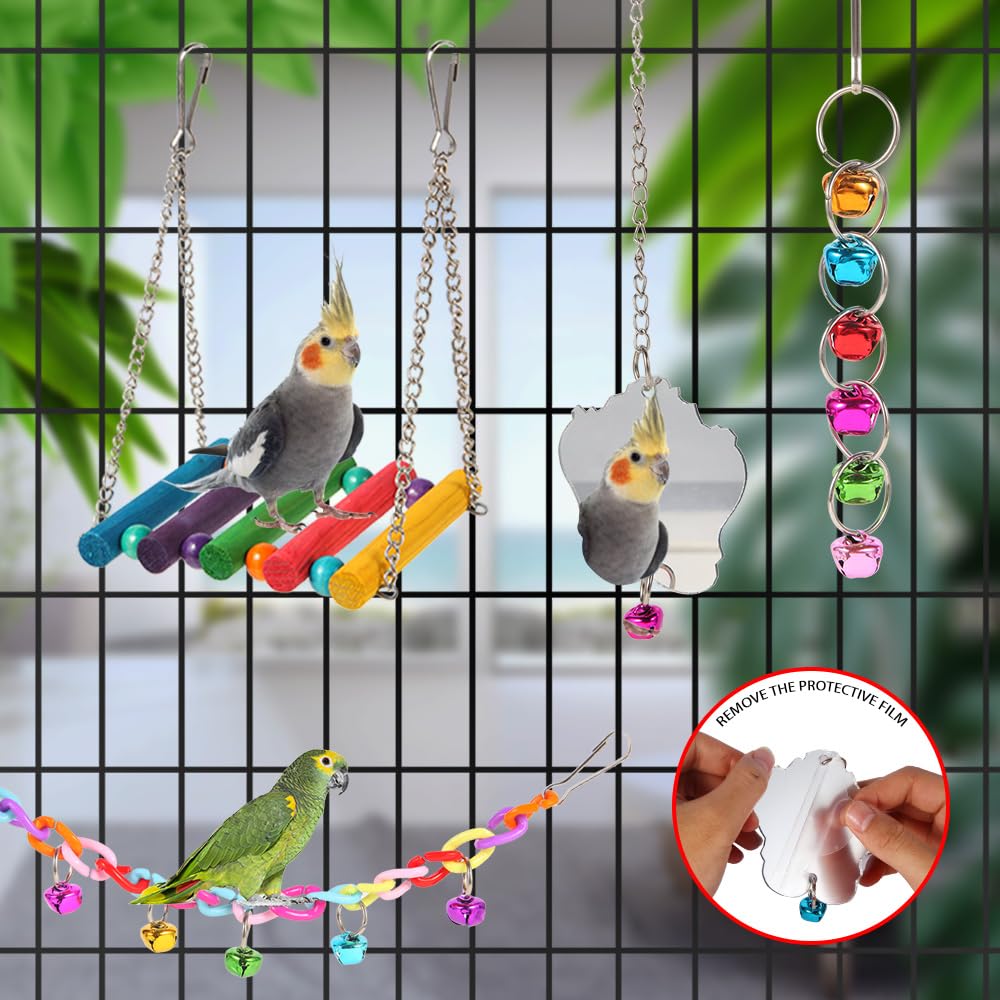 9Pcs Bird Toys for Parakeets - Wooden Ladder Bridge, Swing Hammock & Cage Accessories for Conure, Cockatiel, Love Birds, Finches, Mynah, Budgerigar | Perfect for Climbing, Playing & Exercise in Bird Cages