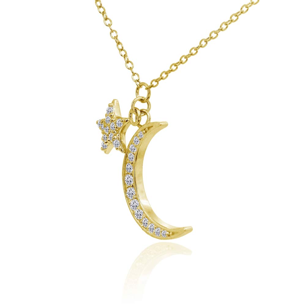 Hoops & Loops Sterling Silver Cubic Zirconia Moon and Star Necklace - Dainty Minimalist Jewelry for Women, Perfect for Everyday Wear & Special Occasions
