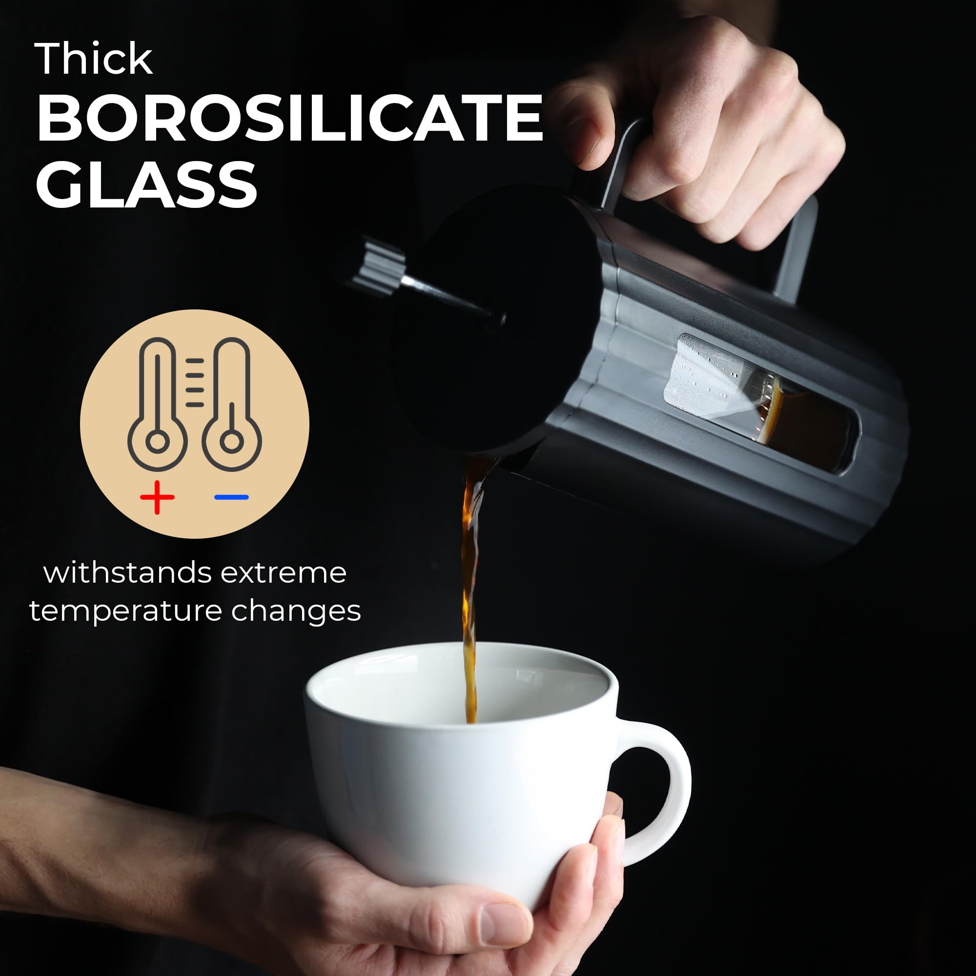 Kaffè French Press Coffee Maker (34oz / 1L) - Borosilicate Glass & BPA-Free Plastic - Matte Black - Lightweight Portable for Travel, Camping, Office & Home Brewing - Perfect for Coffee Lovers & Outdoor Enthusiasts