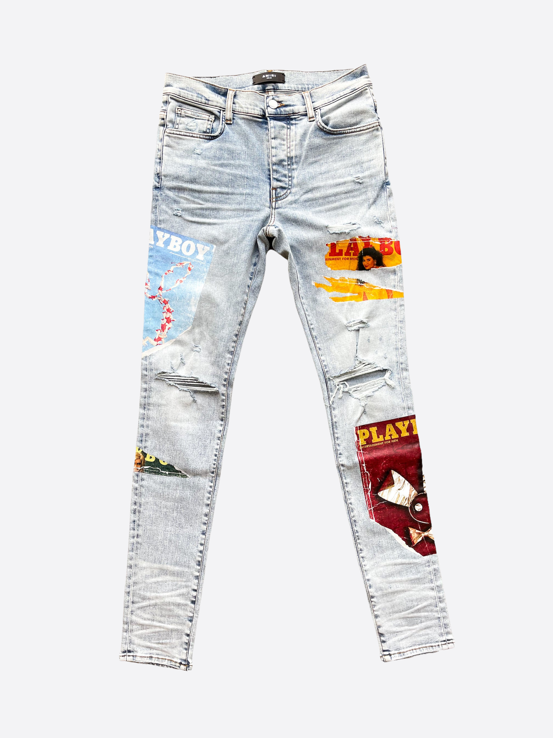 Amiri Playboy Blue Distressed Jeans for Men - Vintage Washed Denim Pants with Rabbit Logo | Perfect for Streetwear & Casual Outfits