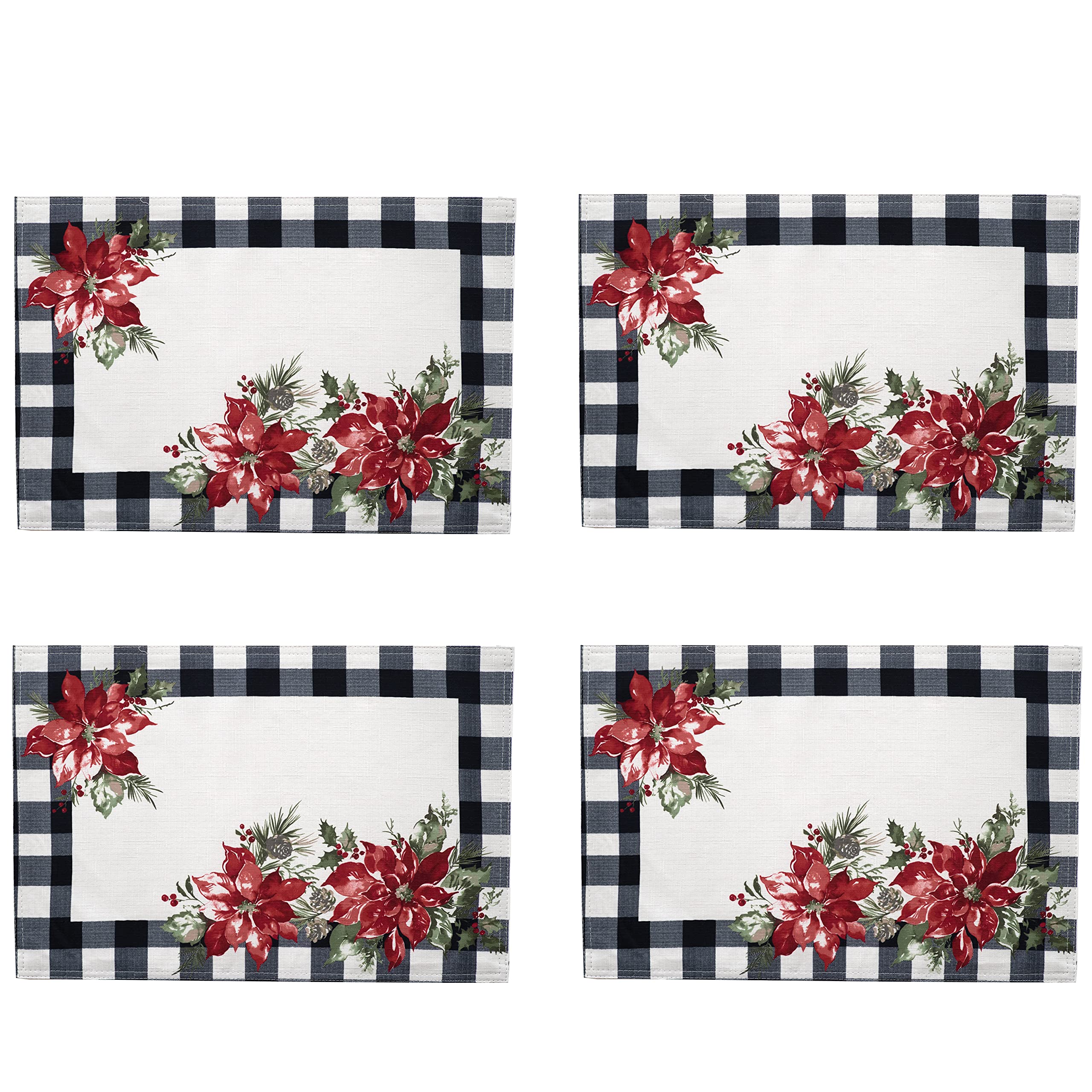 Festive Christmas Fabric Placemats Set of 4 - Newbridge Poinsettia Gingham Bordered Holiday Table Decor - Country Cottage Print, Easy Care & Stain Resistant - Perfect for Holiday Dinners, Christmas Parties & Seasonal Home Decor