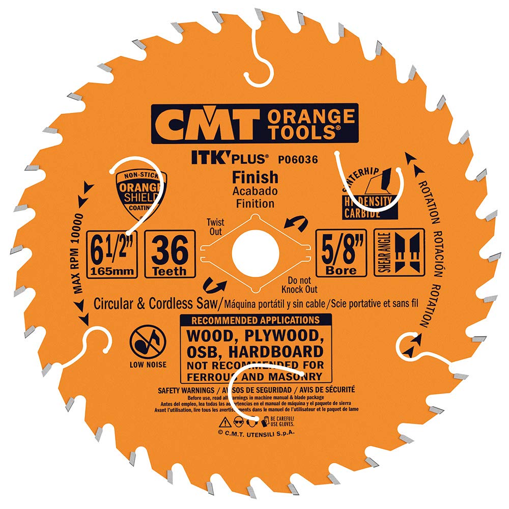 CMT P06036 ITK PLUS 6-1/2 Inch 36 Teeth Finishing Saw Blade - 10° ATB + Shear Angle, 5/8-Inch Arbor - Perfect for Woodworking, Trim Work & Fine Finish Projects