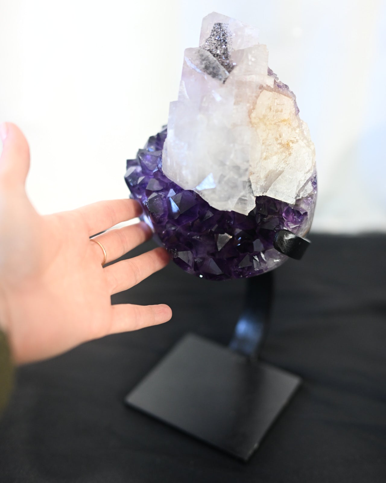 Natural Amethyst Calcite Goethite Geode on Stand - 8lbs Large Crystal Cluster for Home Decor, Meditation & Healing