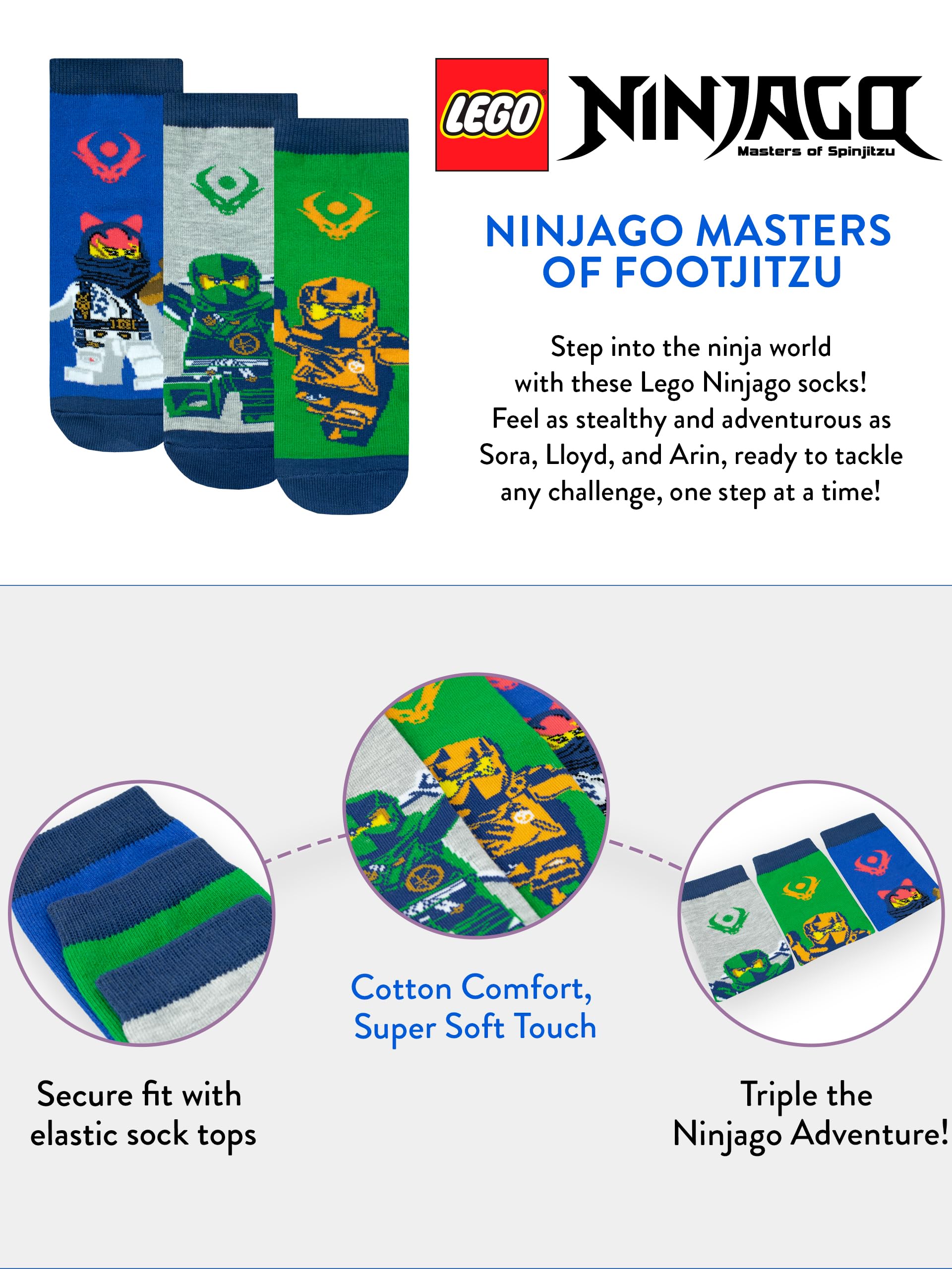 LEGO Ninjago Boys Socks 3 Pack - Cotton Ankle Socks for Kids | Comfortable Play Socks | Perfect for School, Sports & Ninja Costume Play