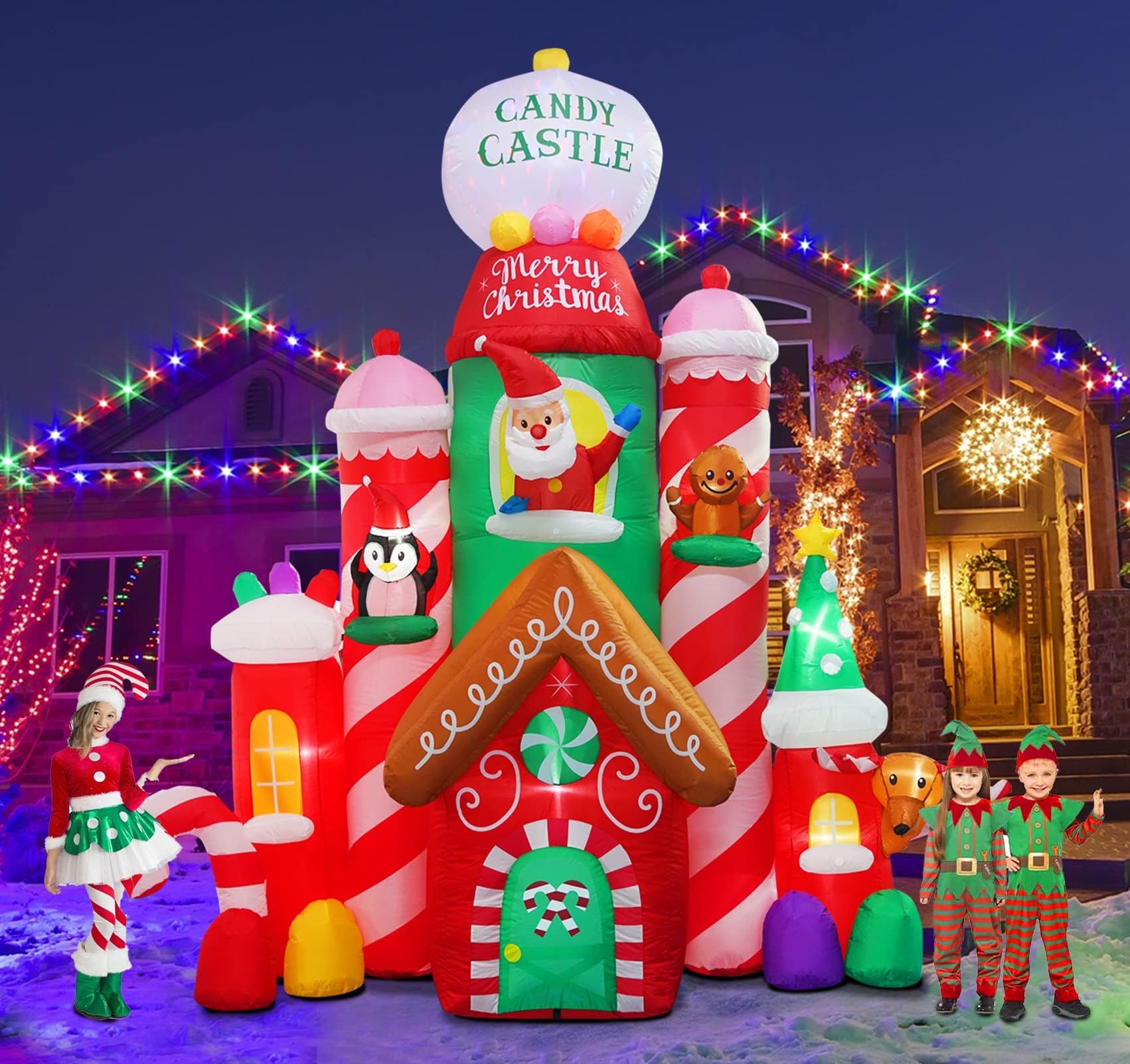 10FT Tall Christmas Inflatable Outdoor Decoration - Giant Candy Castle with Santa, Gingerbread & Penguin Figures | Holiday Blow Up Yard Decor for Front Lawn, Garden & Party Decorations | Perfect for Christmas Festivities, Neighborhood Displays & Seasonal Celebrations