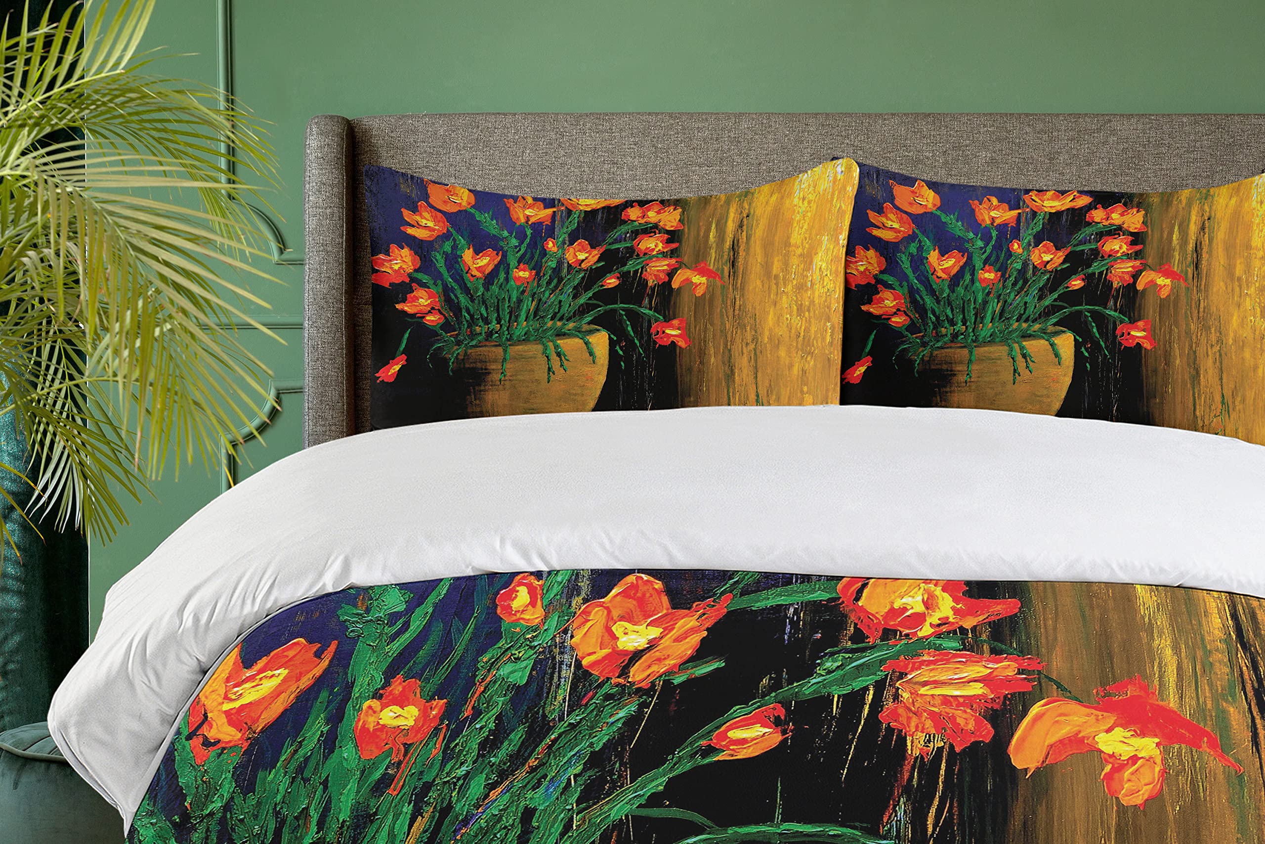 Ambesonne Floral Duvet Cover Set Queen Size - Oil Painting Botanical Vase Design Weathered Look - 3 Piece Bedding Set with 2 Pillow Shams - Vermilion Blue - Perfect for Bohemian Bedroom Decor & Guest Room Styling