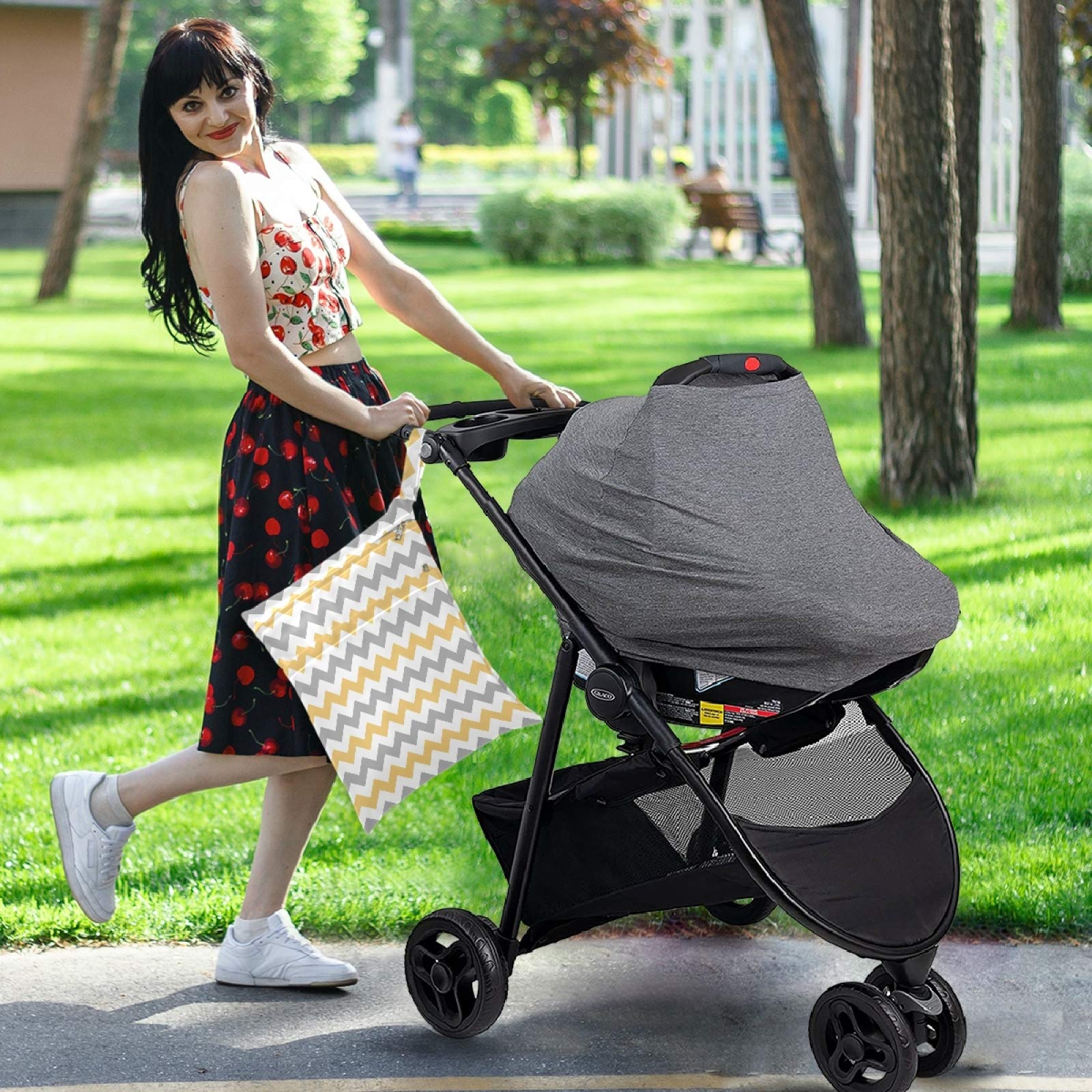 Visesunny Grey and Yellow Plaid Chevron 2-Piece Wet Bag Set with Zippered Pockets - Washable & Reusable for Travel, Beach, Pool, Daycare | Perfect for Stroller Organization, Diaper Storage, Gym Clothes, Swimsuits & Toiletries | Great for Moms, Babies & Active Lifestyles
