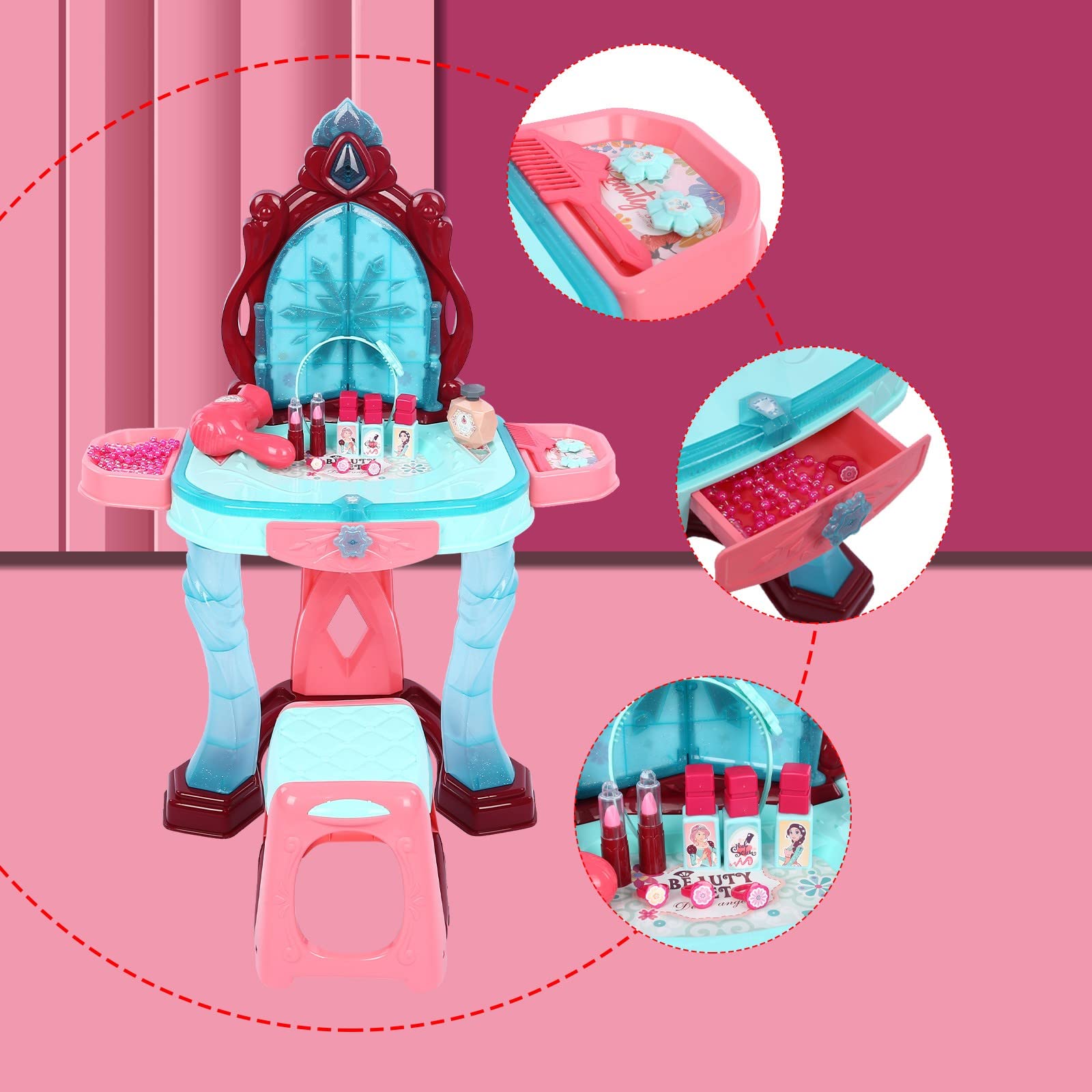 Pink Toddler Vanity Set with Lights & Sounds - Kids Makeup Vanity Table with Stool, Blow Dryer & Accessories - Pretend Play Dress Up Toy for Girls Ages 3+ - Perfect for Birthday Gifts & Role Play Fun