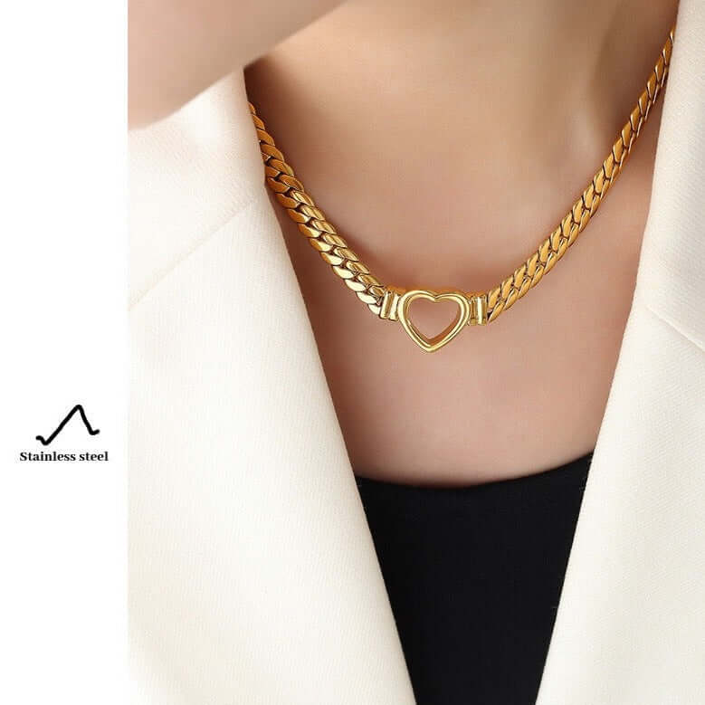 18K Gold Curb Chain Heart Choker Necklace for Women - Elegant Layered Necklace Jewelry Gift for Valentine's Day, Anniversary & Special Occasions | P621