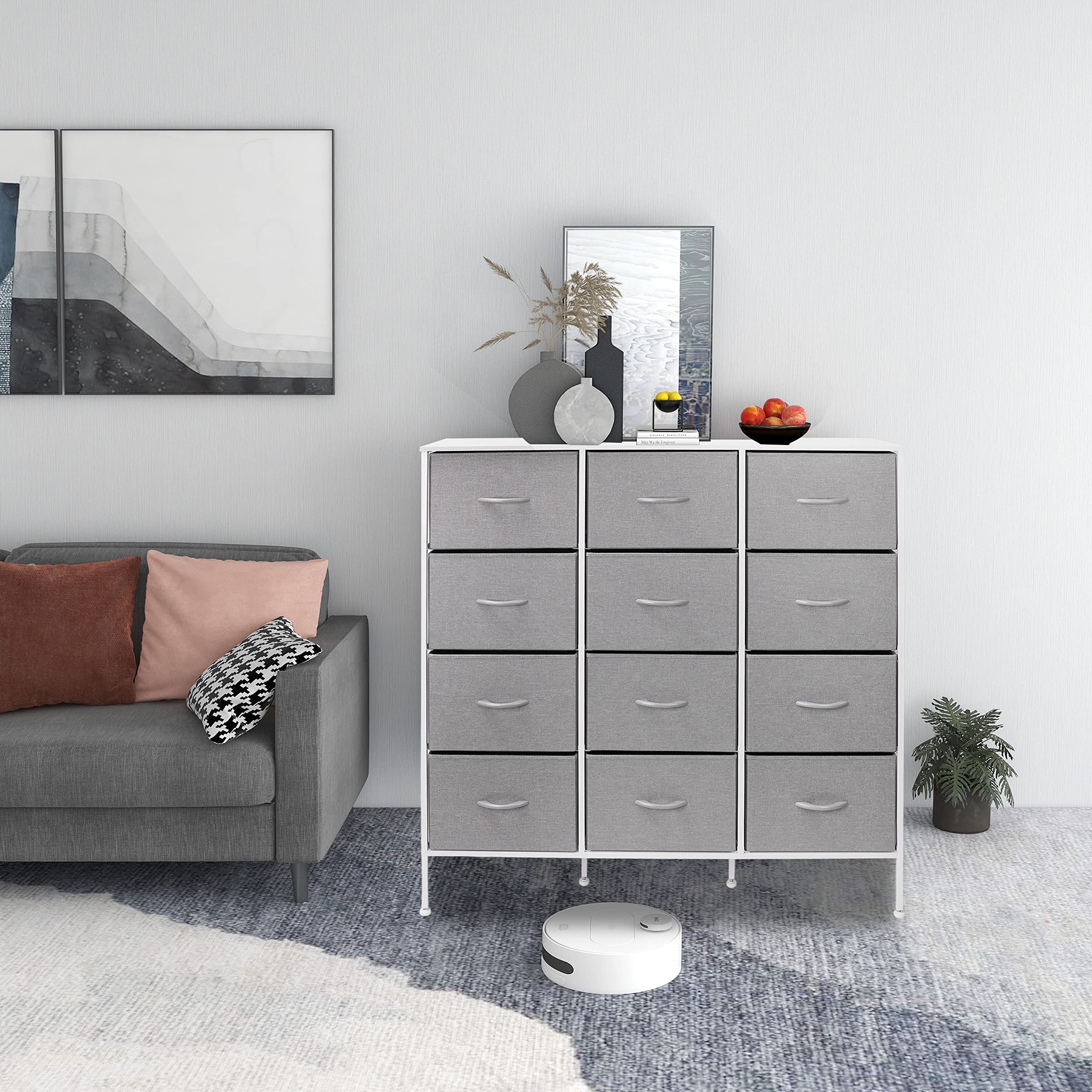 HOMOKUS 12-Drawer Fabric Dresser Organizer with Large Capacity - Sturdy Steel Frame & Wooden Top for Bedroom, Living Room, Closet & Nursery Storage - Grey Fabric Storage Tower with Easy Pull Bins - Perfect for Organizing Clothes, Toys, Blankets & Home Essentials