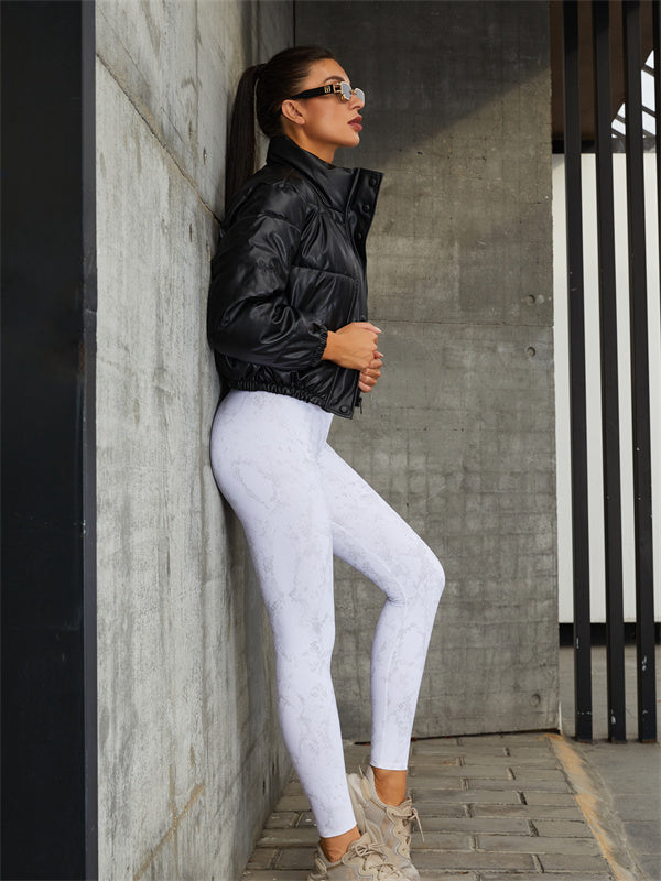 ZASUWA Women's Snake Print Hollow Out Pocket PU Sports Leggings - Gym, Yoga, Running & Workout Activewear