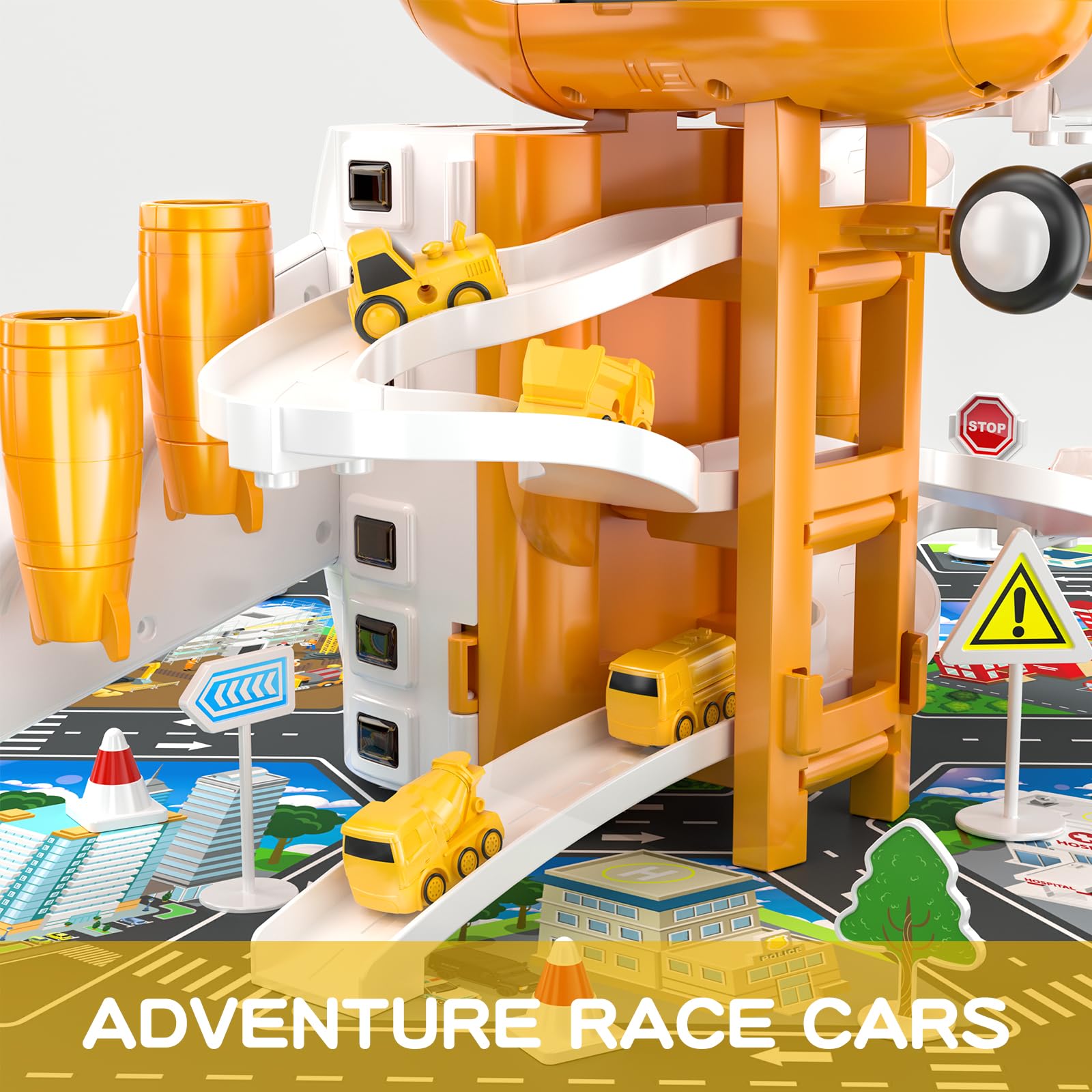 TEMI Kids Airplane & Race Car Toys for Boys 2-6 - 8 Construction Vehicles with Playmat | Birthday Gift for Toddlers | Indoor Play & Adventure Fun