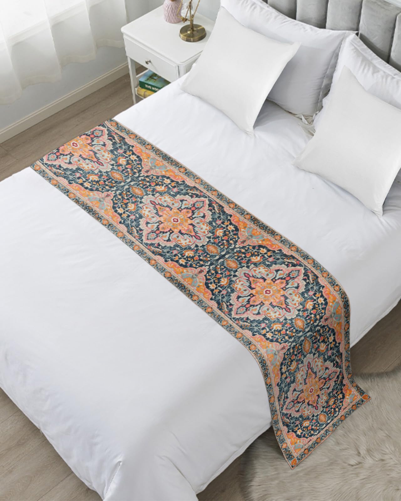 King Size Bed Runner - Pink, Orange & Blue Geometric Throw Scarf for Foot of Bed | Luxury Ethnic Mid-Century Design Bedding Protector (94