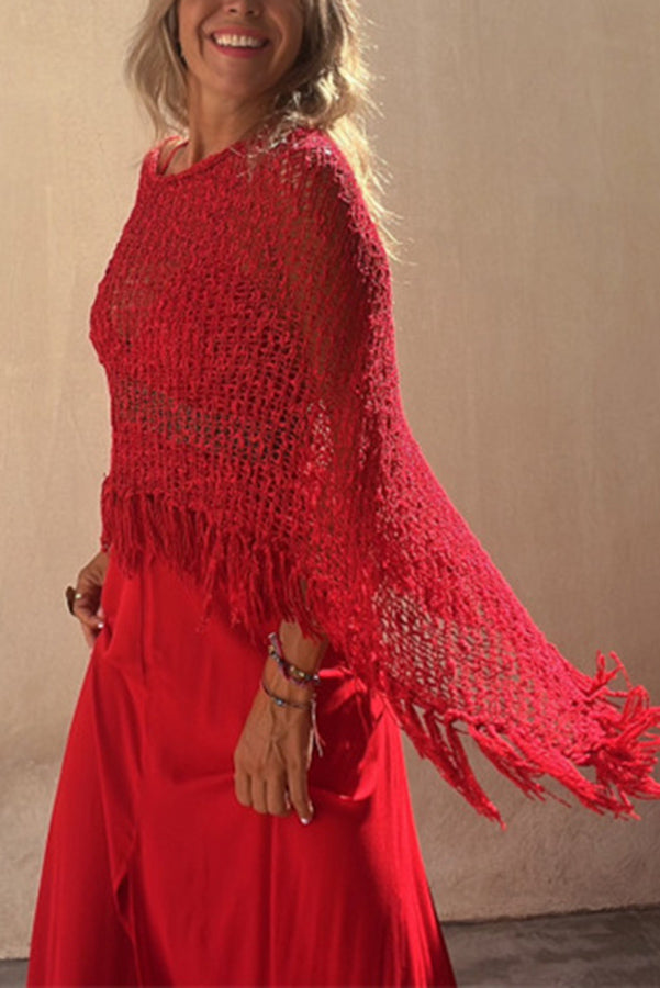Stylish Sunset Breeze Hollow Out Tassel Knit Cover Up Top - Beachwear, Poolside, Summer Vacation Outfit