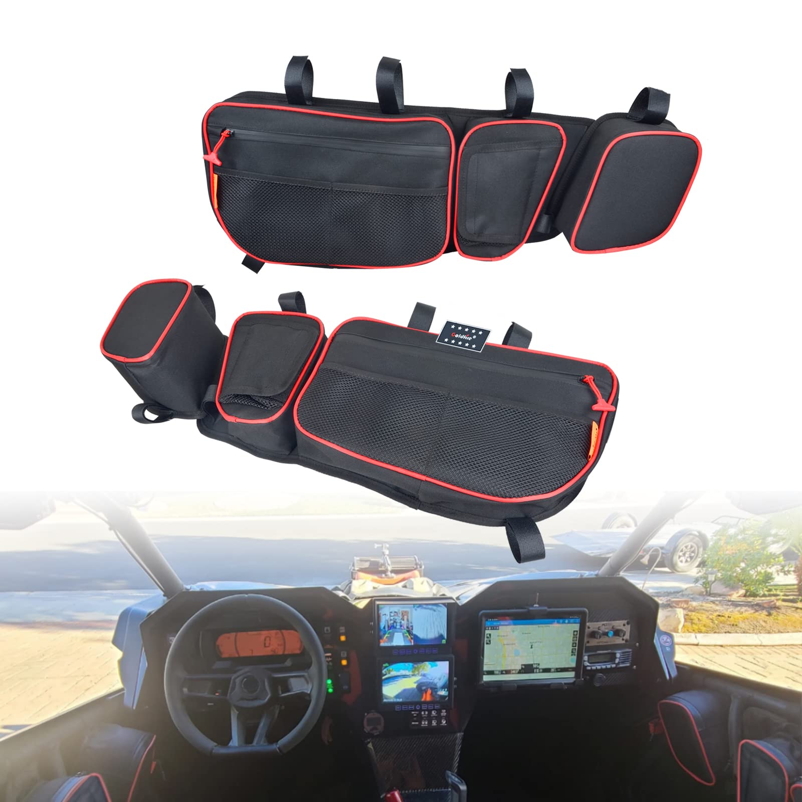 **Can Am Maverick X3 Accessories - Goldfire X3 Front Upper Door Storage Bags, Tool Organizer & Gear Bags with Removable Knee Pad (2017+ Maverick X3 Max/XRS/XDS/Turbo RR) - Red Piping - Perfect for Off-Roading & Adventure Gear Storage**