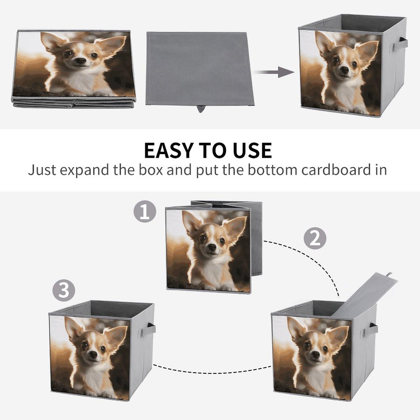 6-Piece Collapsible Storage Bins with Handles - Cute Chihuahua Printed Foldable Organizing Baskets for Shelves, Closet, Bathroom & Home Organization - Space Saving Storage Containers for Toys, Laundry & Household Items