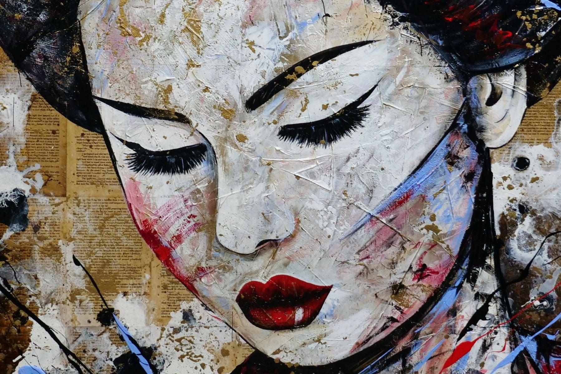 140cm x 100cm Sakura Blue Geisha Abstract Realism Canvas Art Painting - Perfect for Book Club Decor, Living Room Wall Art & Japanese Theme Home Decoration