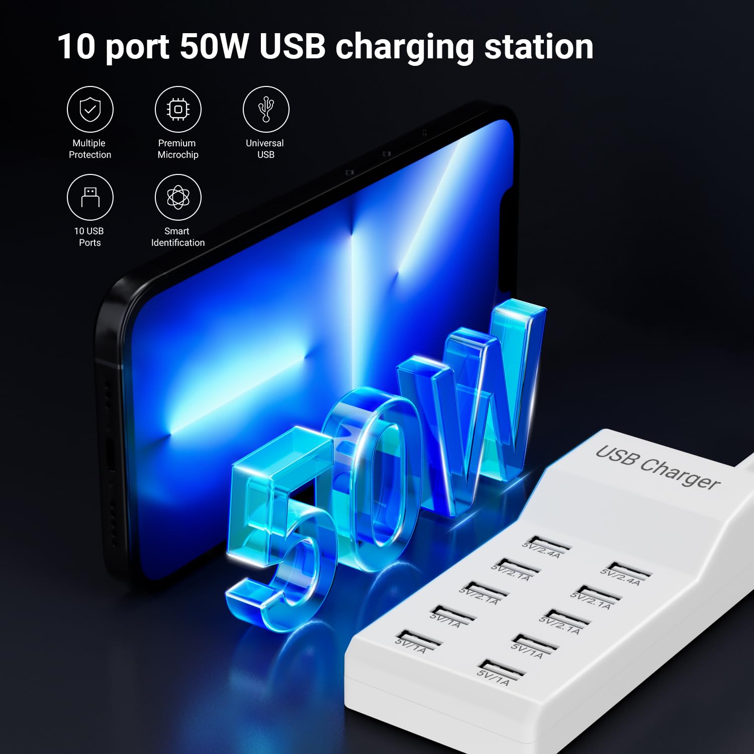 10-Port USB Charging Station - Fast Multi-Port USB Hub Charger for iPhone 15/14/13, Samsung Galaxy S23/S22, iPad Pro/Air/Mini - White Desktop Charging Dock (Model YC-A10) - Perfect for Home, Office & Travel Use