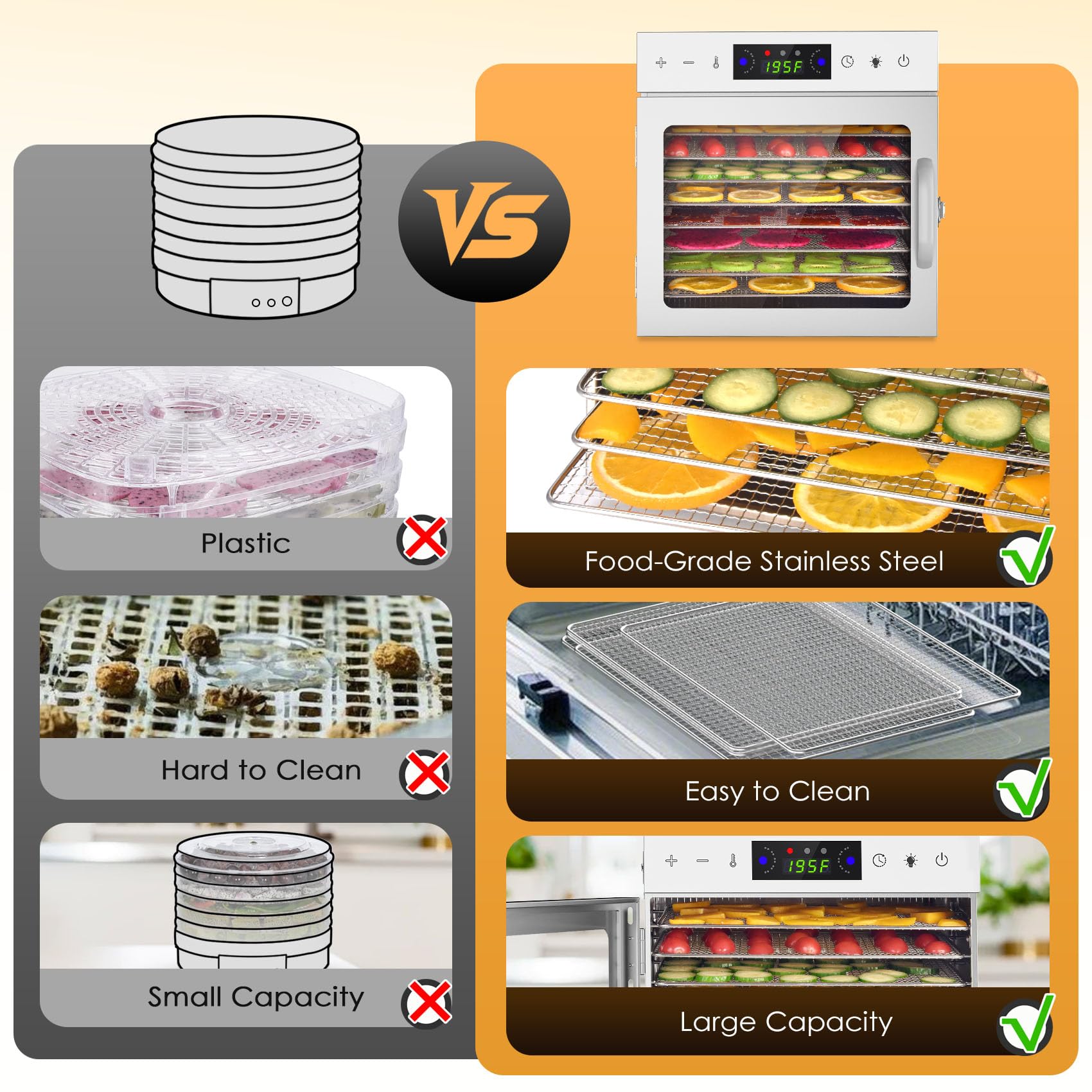 HOPERAN 8-Tray Stainless Steel Food Dehydrator Machine - Digital Timer & Temperature Control for Jerky, Herbs, Fruits - Overheat Protection with Free Recipe Book - Perfect for Home Kitchen, Camping & Healthy Snacks