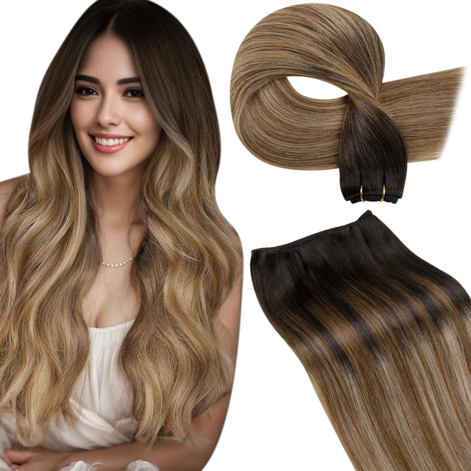 LaaVoo 100% Real Human Hair Weft Extensions - 20 Inch Long, Brown to Ash Blonde Balayage Ombre - 100g Sew-In Hair Extensions for Volume & Length | Perfect for Weddings, Parties & Daily Styling
