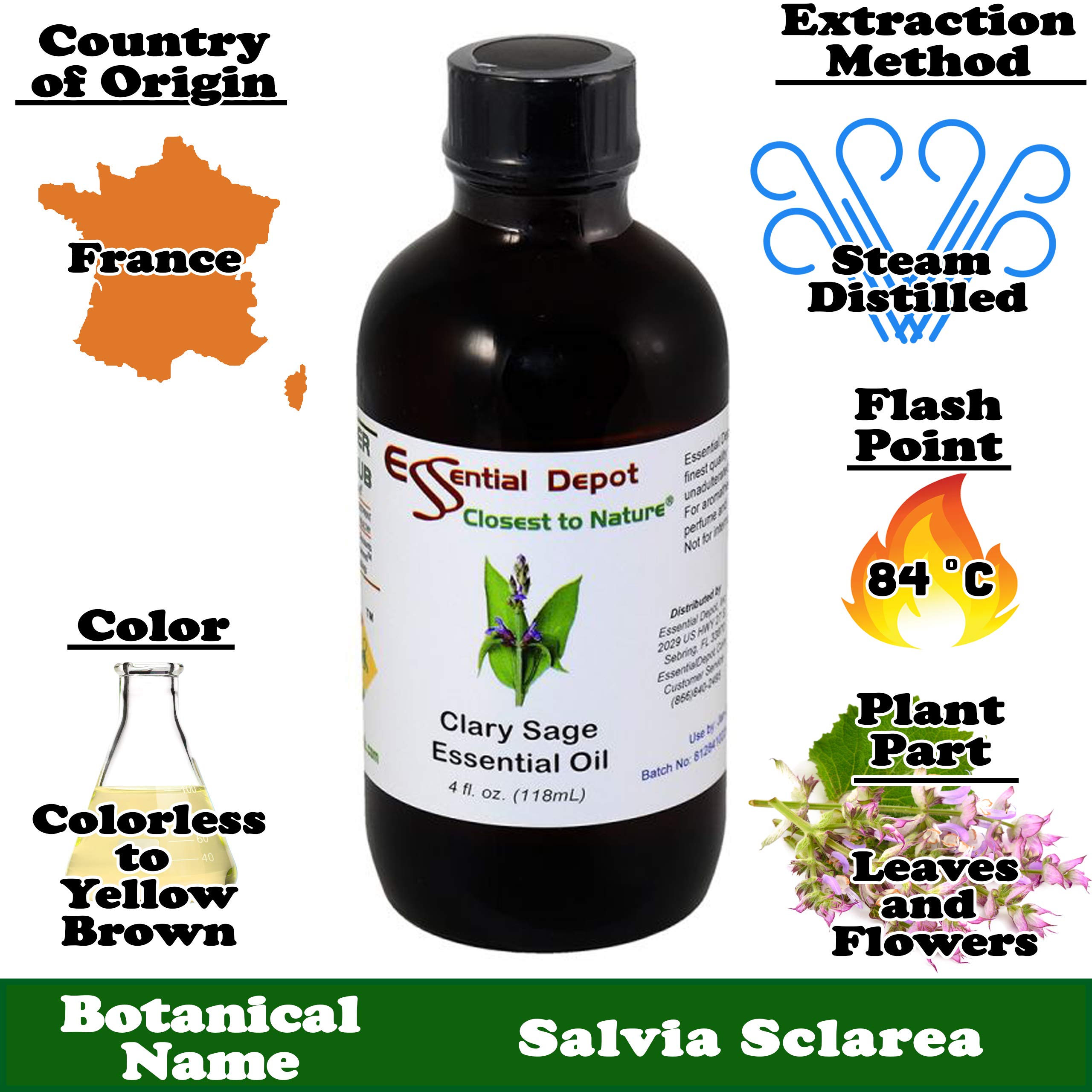 Clary Sage Essential Oil - 4 oz - 100% Pure, GC/MS Tested - Therapeutic Grade Aromatherapy Oil in Amber Glass Bottle with Dropper - for Relaxation, Stress Relief & Skin Care