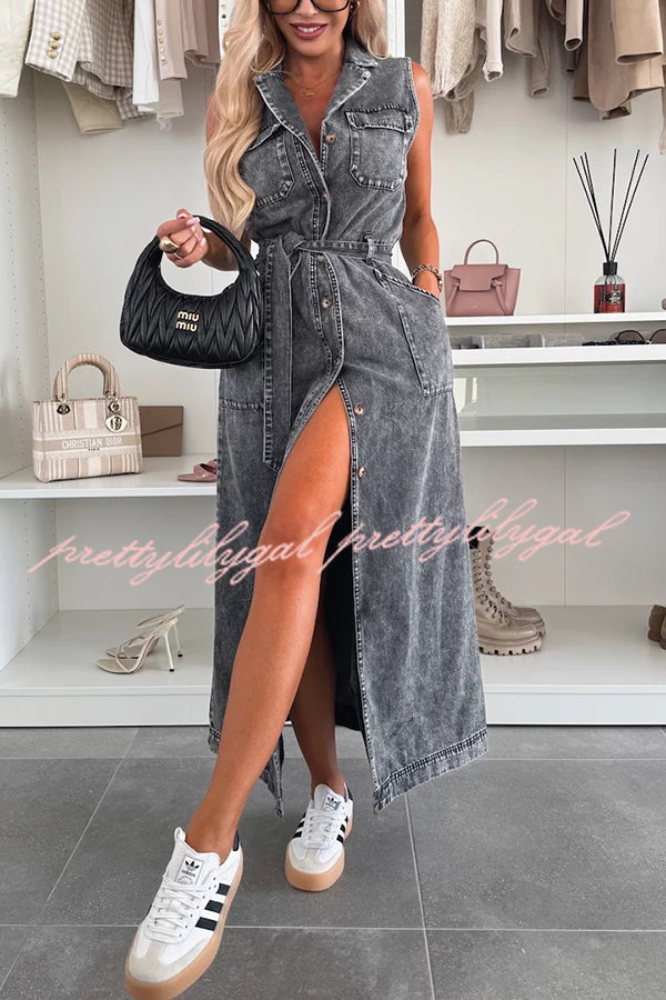 Solid Color Sleeveless Denim Midi Dress with Waist Tie & Pockets - Casual Summer Dress for Women, Perfect for Beach Outings, Picnics, and Weekend Brunch