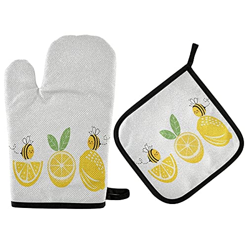 Lemon Bee Oven Mitts & Pot Holder Set - Heat Resistant Kitchen Gloves for Cooking, Baking, BBQ & Grilling - Cute Summer Yellow Kitchen Decor - Recycled Materials - Perfect for Home Cooking, Outdoor Grilling & Hosting Parties
