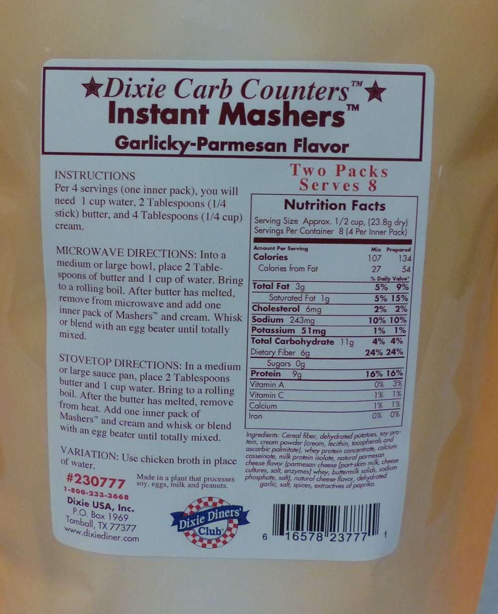 Low Carb Instant Mashed Potatoes Substitute - Dixie Carb Counters Garlic Parmesan Flavor | Keto-Friendly, Gluten-Free Side Dish for Diets & Healthy Meals