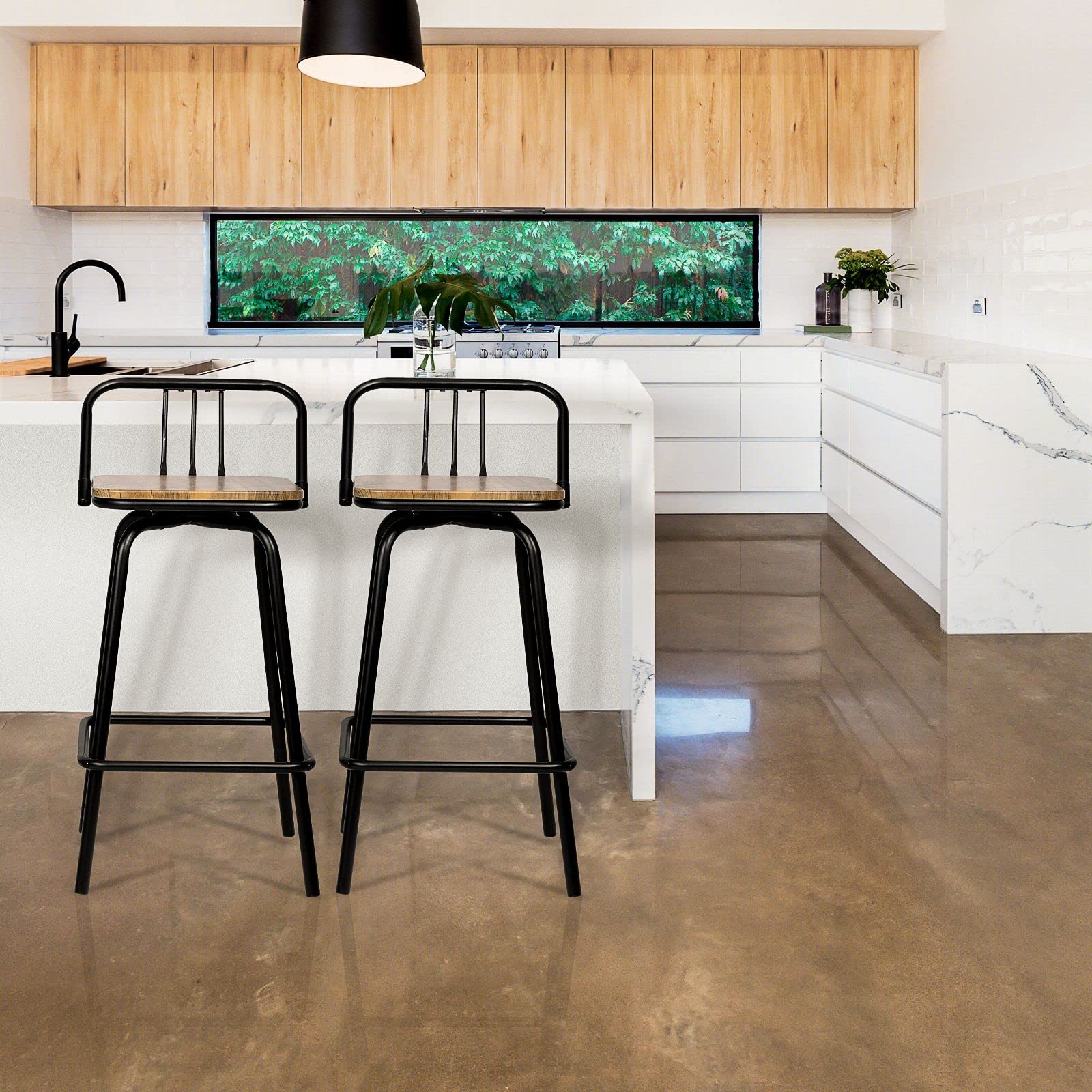 2 Pack Industrial Swivel Counter Stools with Wood Seat & Backrest - Rustic Brown Farmhouse Bar Stools for Kitchen, Dining Room & Counter Bar - Perfect for Breakfast Nooks, Kitchen Islands & Home Bars