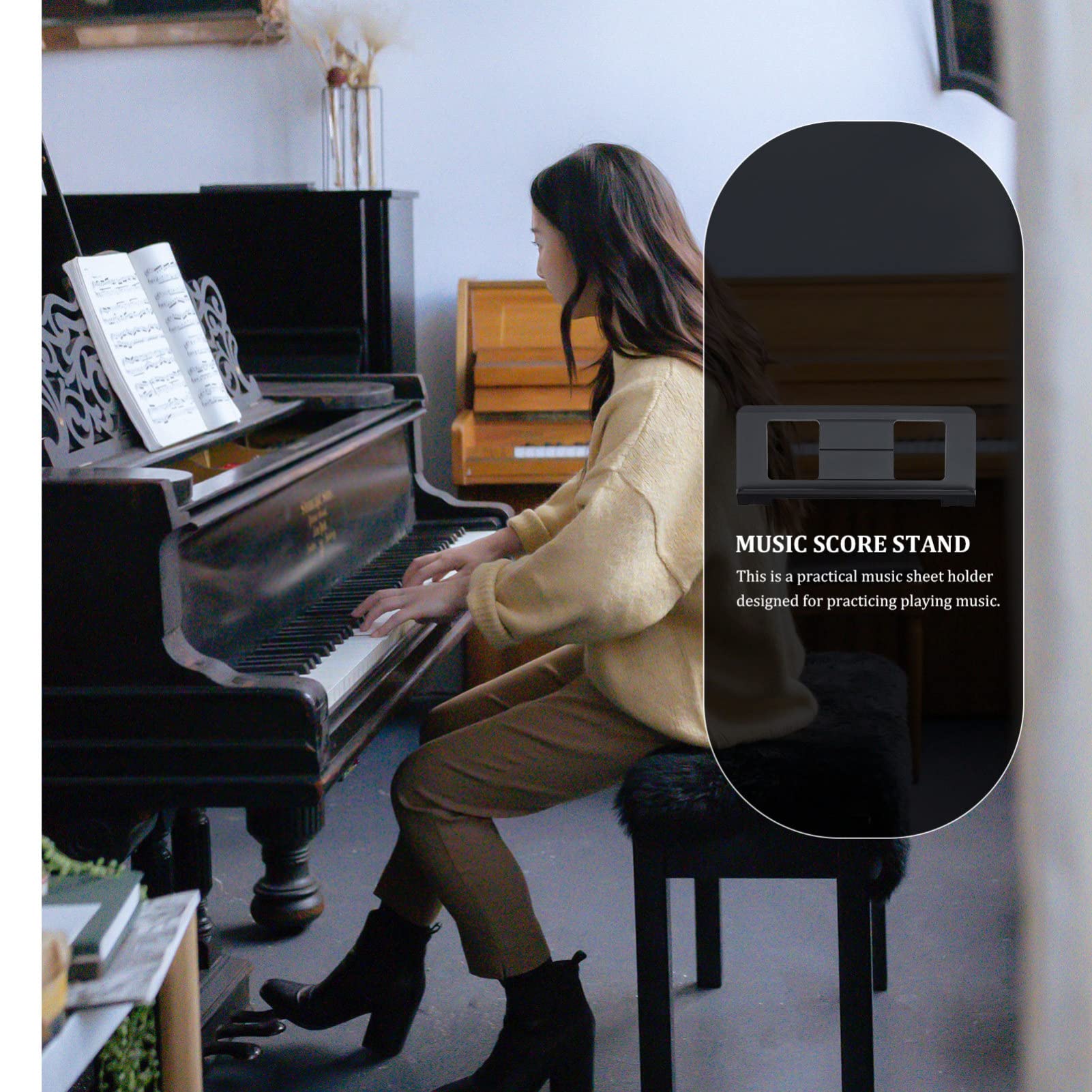 Black Adjustable Desktop Bookshelf Piano Keyboard Stand with Sheet Music Holder - Durable Plastic Book Page Clips for Digital Piano, Saxophone & Beat Maker Accessories - Perfect for Home Studios, Music Practice & Live Performances