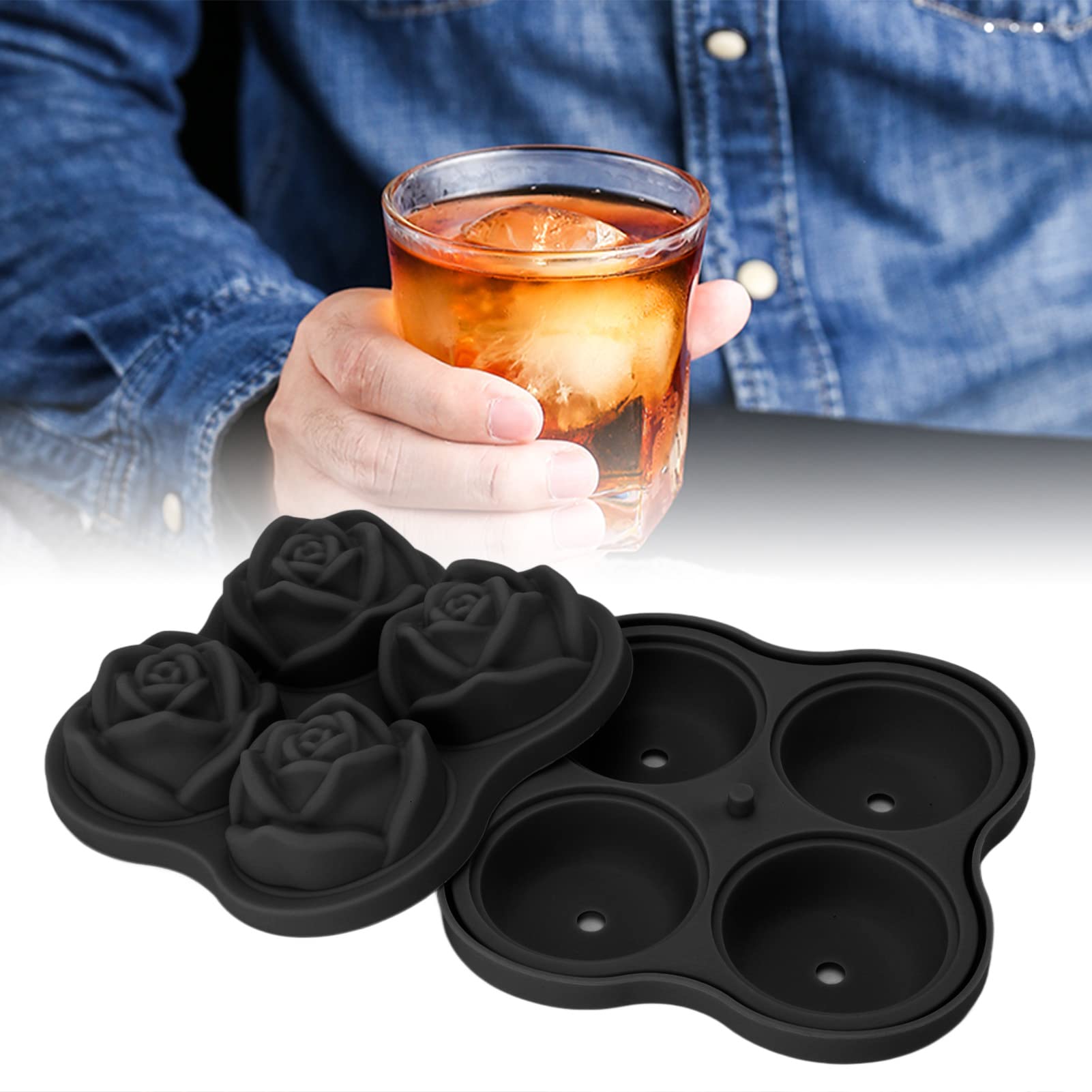 Silicone Rose Ice Cube Tray - 4 Grid Reusable Whiskey Ice Ball Maker for Cocktails, Bourbon & Drinks - Perfect for Parties, Home Bars & Gifts