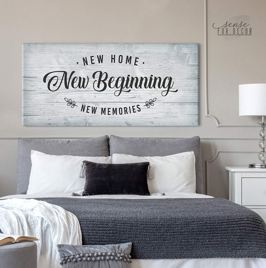 Wood Framed Canvas Wall Art - 'New Home New Beginning' Quote Sign - Rustic Home Decor for Living Room, Bedroom, Office - Perfect Housewarming Gift (Light Grey, 60x27) - Inspirational Home Decor for New Homeowners, Wedding Gifts & Apartment Decor