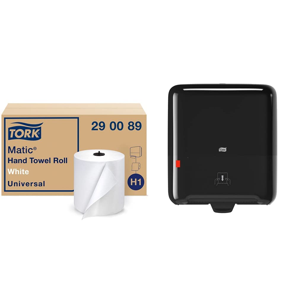 Tork Matic White H1 Paper Hand Towel Roll - 6 Rolls x 700 ft (290089) & Black Elevation H1 Dispenser with Refill Indicator (5510282) - Ideal for Restaurants, Offices, and Public Restrooms