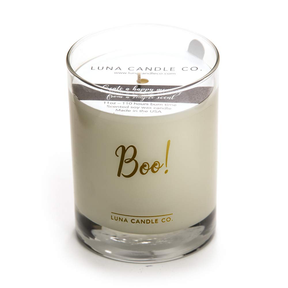 Halloween Decor Boo! Gold Script Scented Candle - 11oz Toasted Smores Aroma, Natural Soy Wax, Clean Burning for Home, Spa & Aromatherapy | Perfect for Fall Decor, Cozy Evenings & Gift Giving - Lune Candle Co.