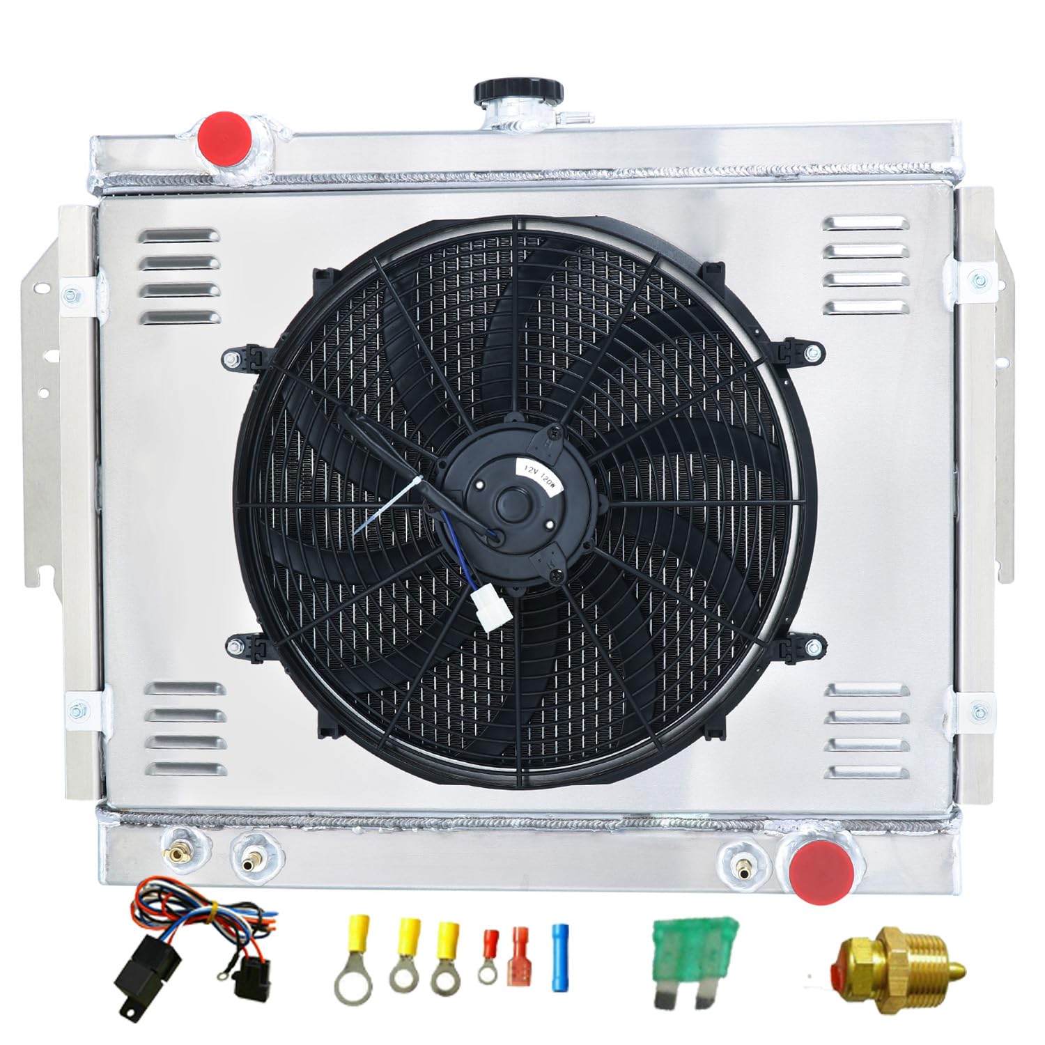 High-Performance 4 Row Aluminum Radiator for 1979-1993 Dodge D150/D250/D350 W150/W250/W350 Ramcharger 5.2L 5.9L V8 - Includes Shroud Fan & Relay Kits - Perfect for Off-Roading, Towing & Heavy-Duty Use