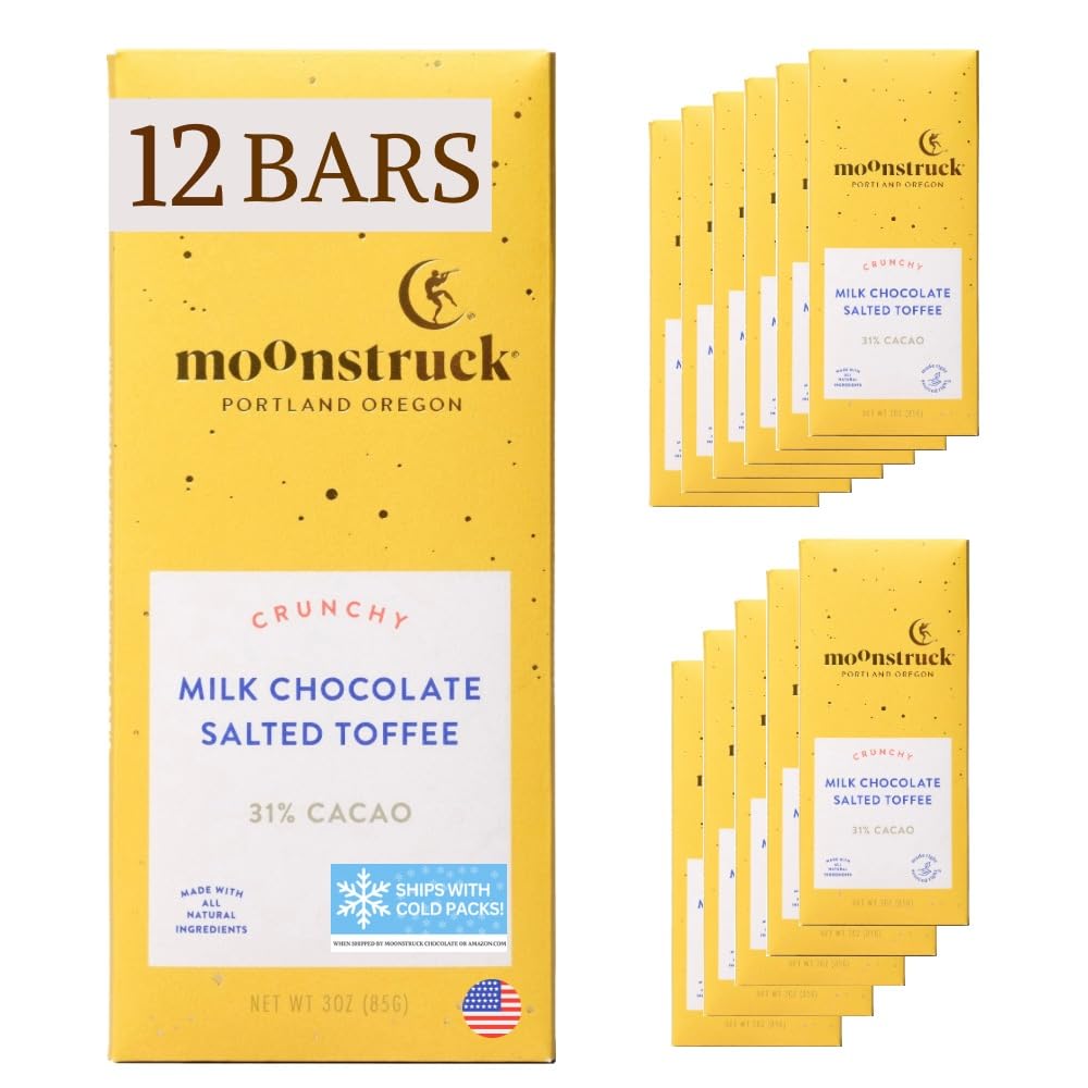 Moonstruck Chocolate Salted Toffee Milk Chocolate Bar - 31% Cacao, 3.0oz (Pack of 12) | Gourmet Chocolate Gift for Holidays, Parties & Dessert Lovers