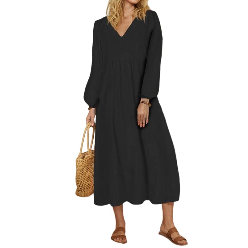 Women's Summer Cotton Linen Dress with Loose Balloon Sleeves - Casual Boho Maxi Dress for Beach, Vacation & Outdoor Parties