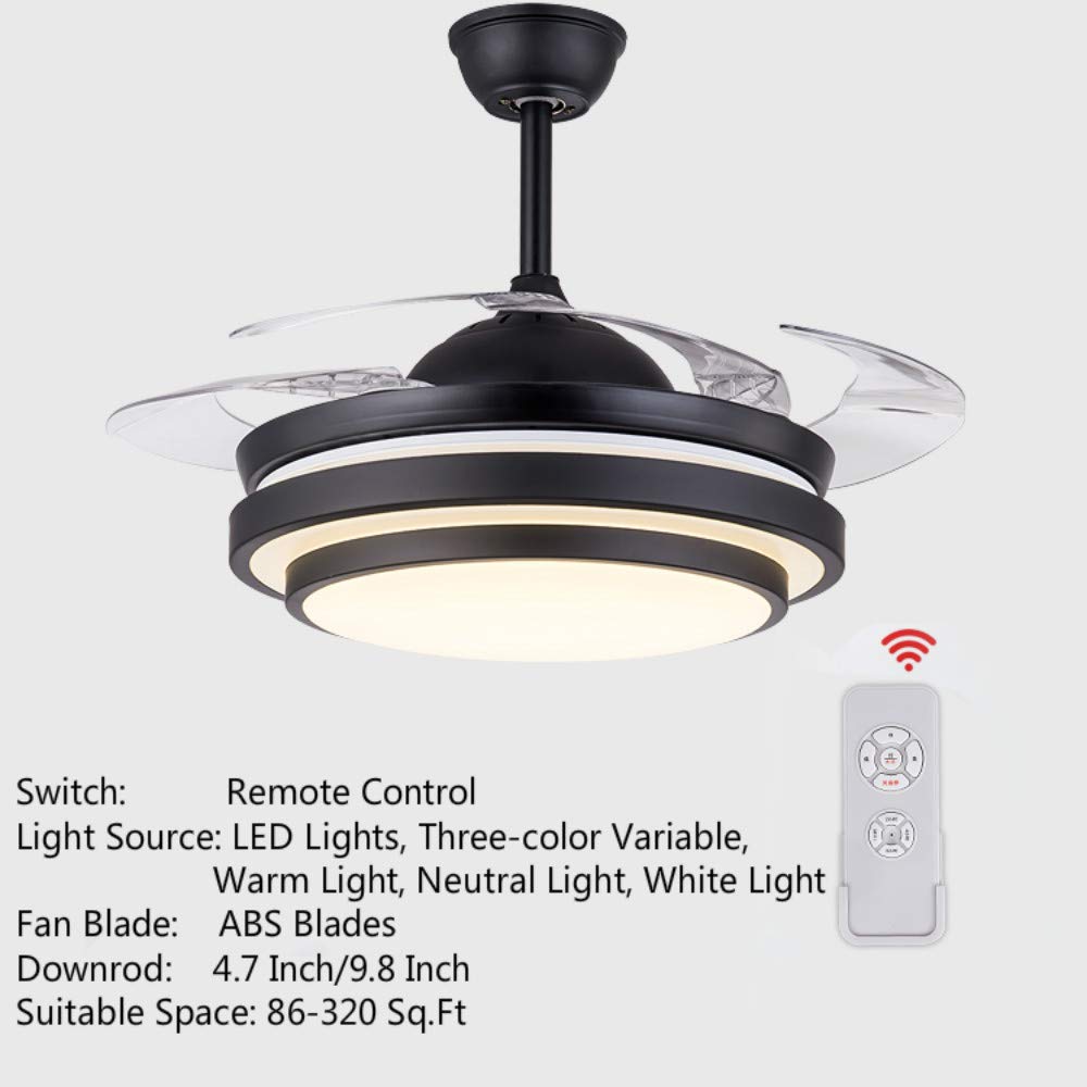 42 Inch Retractable Ceiling Fan with LED Light and Remote Control - 4 Clear ABS Blades - Modern Chandelier Style for Living Room, Dining Room & Bedroom - Energy Efficient Indoor Ceiling Fan Light Combo (Black) - Perfect for Home Cooling and Stylish Lighting