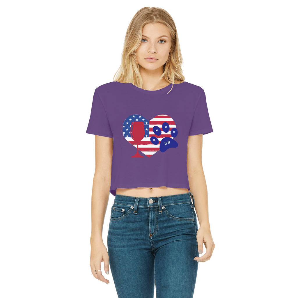 WineyBitches.Co Women's Cropped Raw Edge T-Shirt with Heart Paw Print - American Wine Lover Tee for Casual Outfits, Girls Night Out & Wine Tasting Events