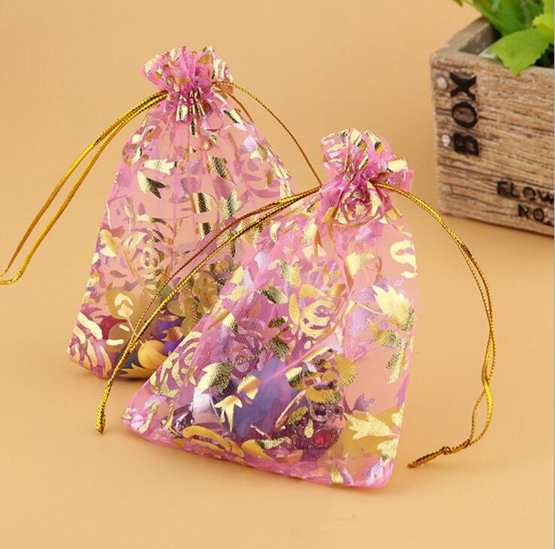 100pcs Rose Pattern Organza Wedding Favor Bags 5