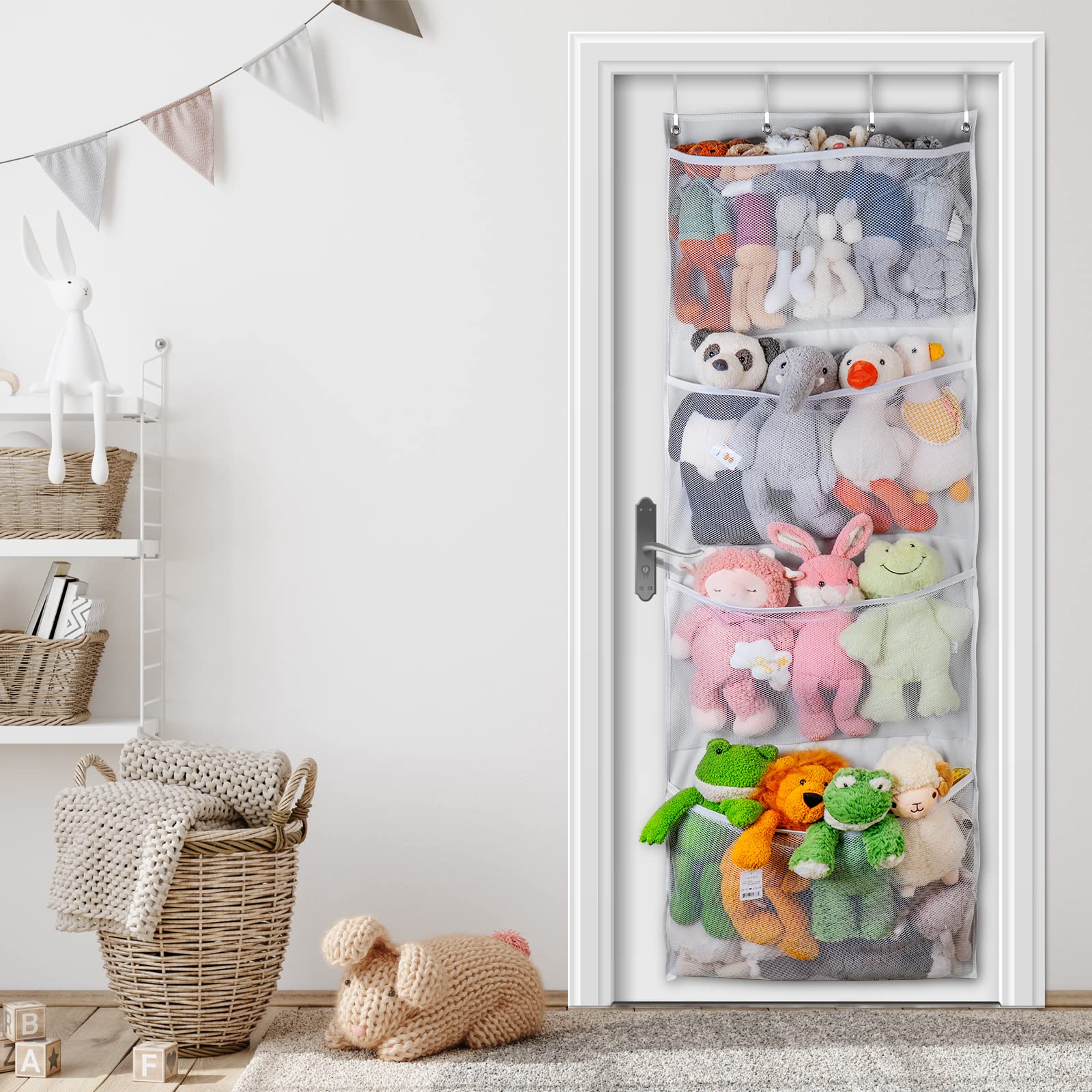 Over The Door Stuffed Animal Storage Organizer - Large White Hanging Toy Organizer for Kids' Room, Nursery, and Playroom Organization