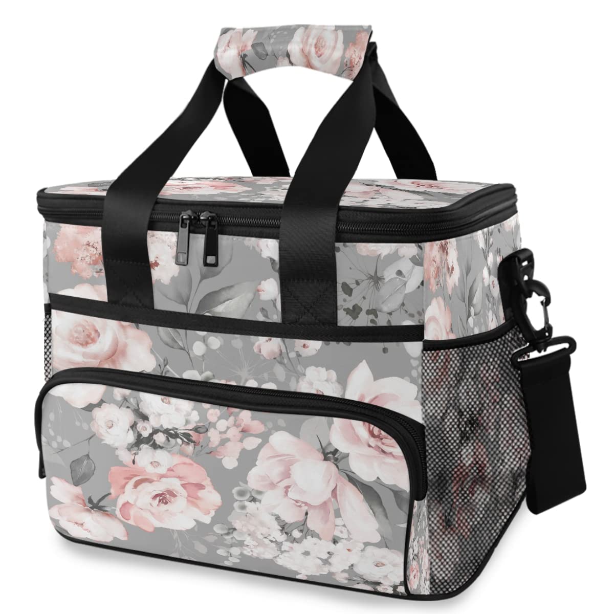 MNSRUU Insulated Cooler Bag - Light Pink Floral Grey Lunch Tote for Picnic, Beach & Outdoor Activities | Adjustable Shoulder Strap | Leakproof Food Container | Perfect for Work, School & Travel