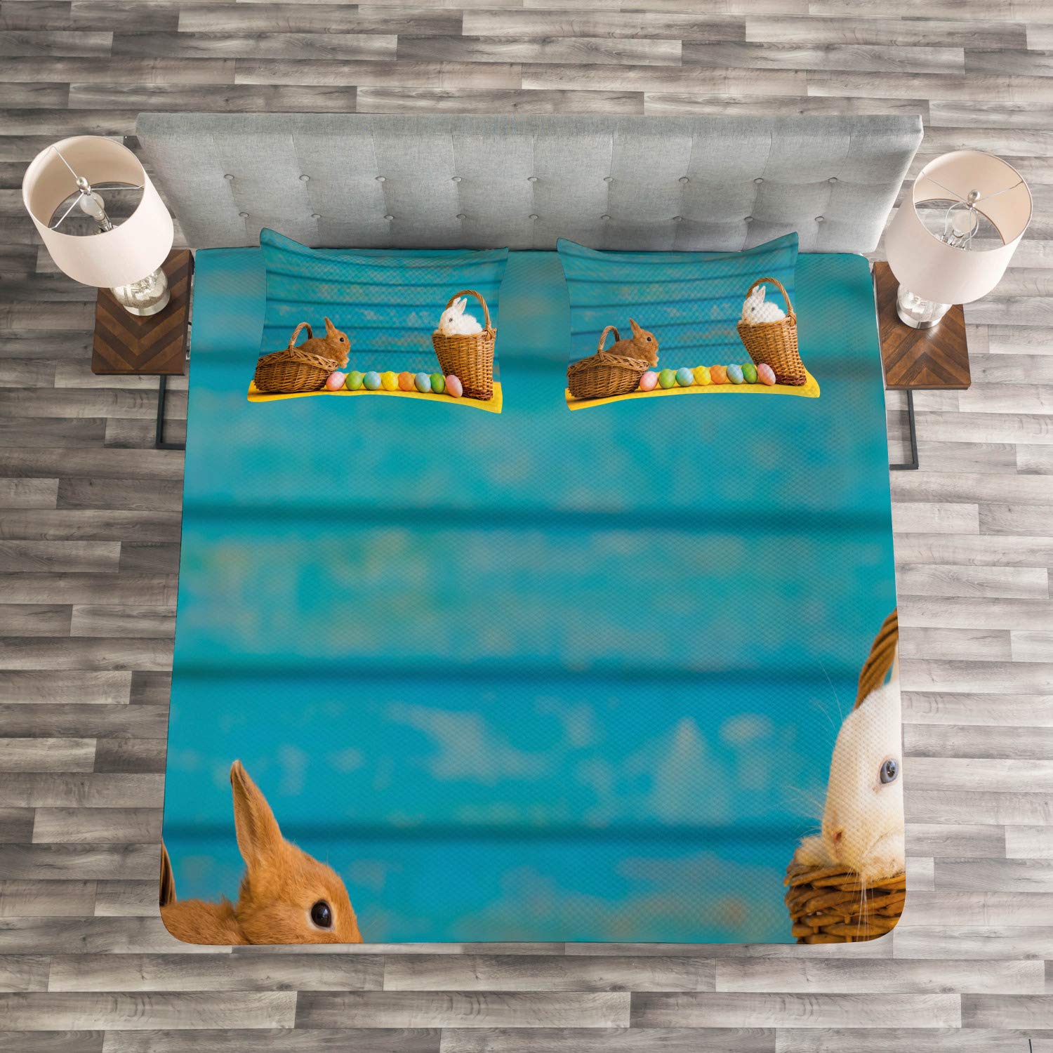 Ambesonne Easter Bunny Bedspread Set - Queen Size 3 Piece Coverlet with 2 Pillow Shams, Pastel Blue Wooden Background with Dyed Eggs Design, Soft Quilted Decorative Bedding for Spring, Easter Decorations & Cozy Home Decor